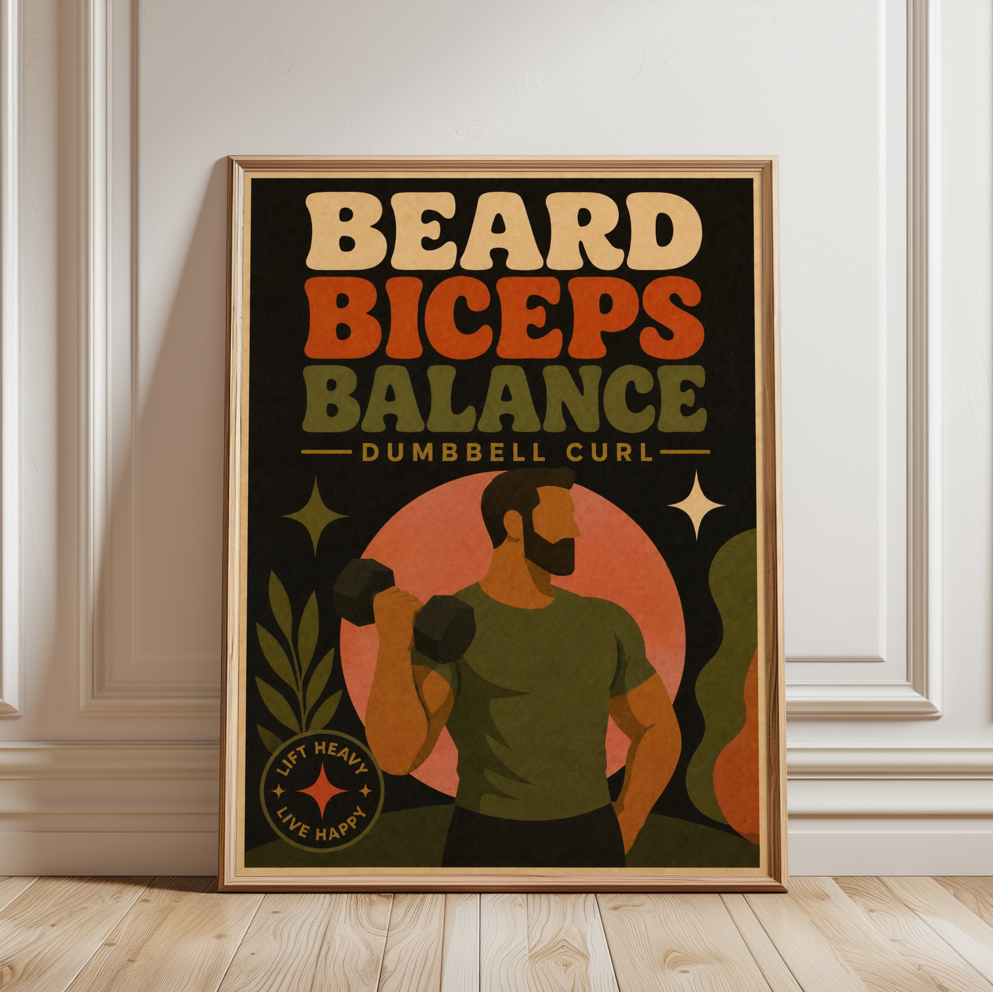 Beard Biceps Balance Print: Retro Gym Motivation - framed detail