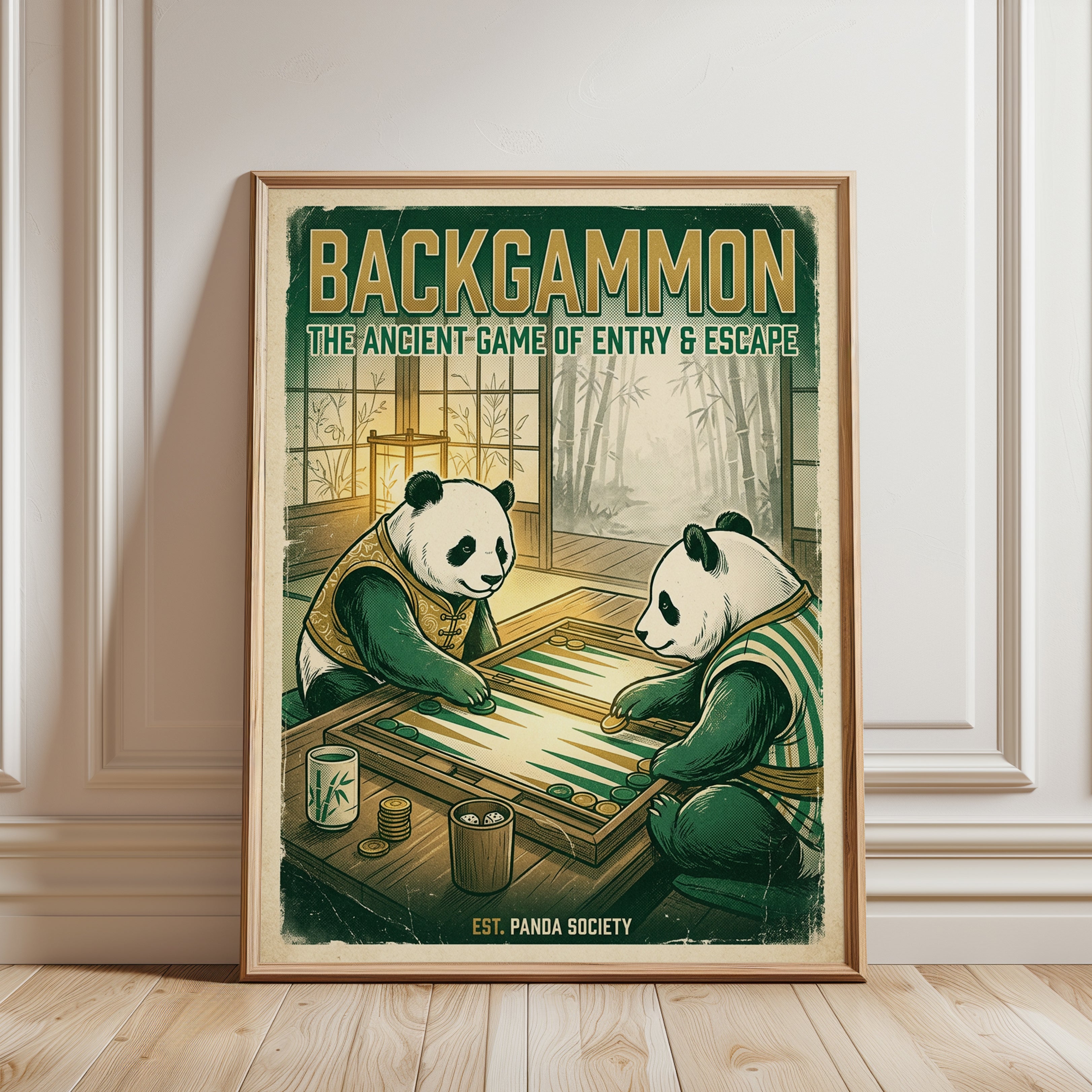Backgammon Pandas Art Print: Vintage Game Room Wall Art - framed detail