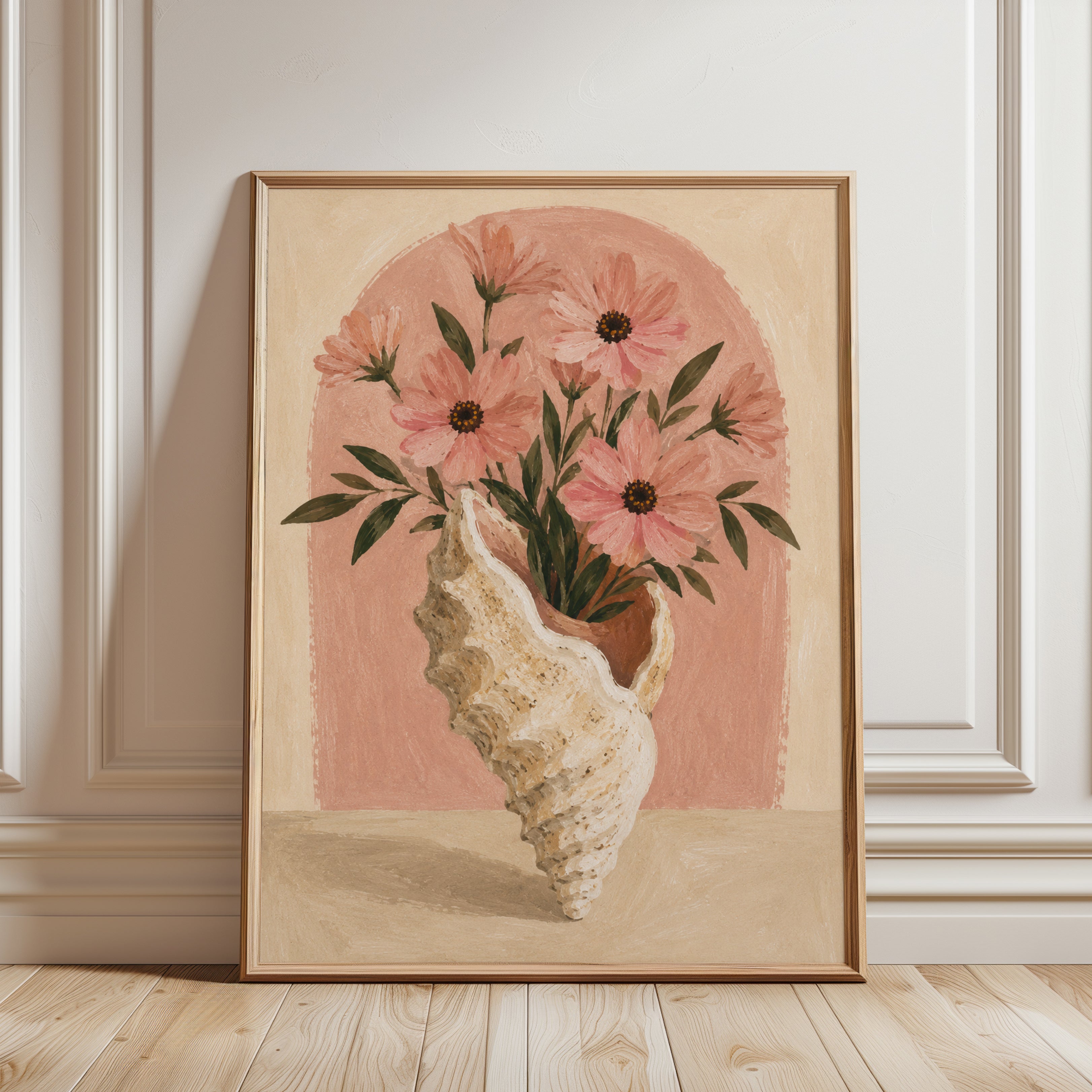 Seashell Vase Wall Art – Pink Floral Print - framed detail