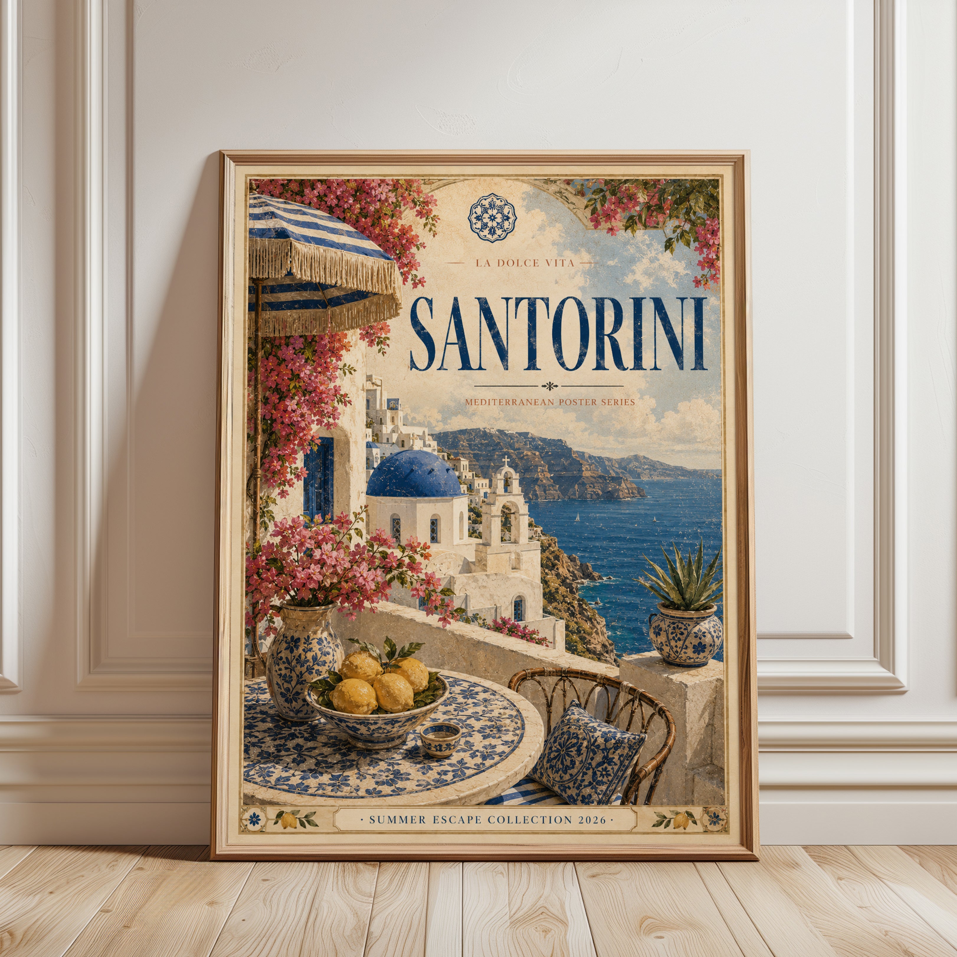 Santorini Travel Poster Print — Vintage Mediterranean Style - framed detail