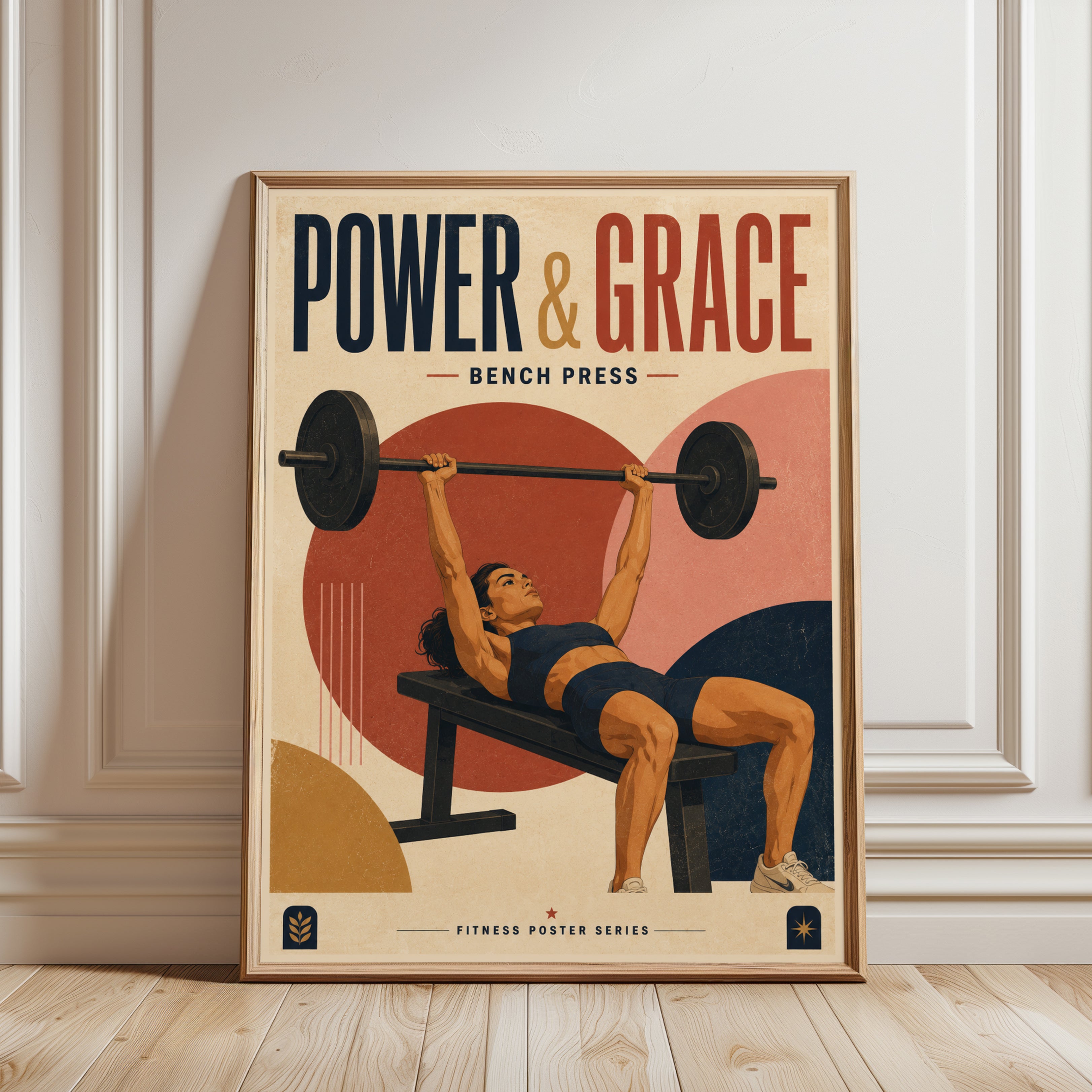 Power and Grace Bench Press Poster: Retro Fitness Art Print - framed detail