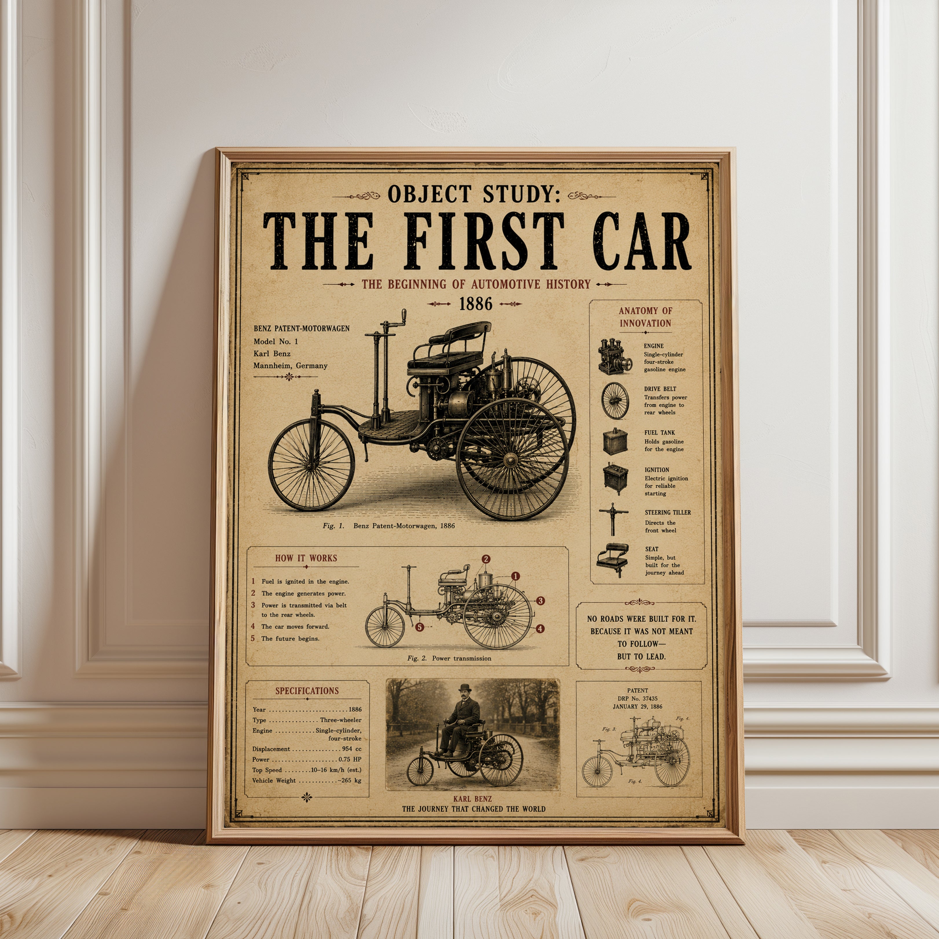 Benz Patent Motorwagen Print: Vintage Automotive History Poster - framed detail