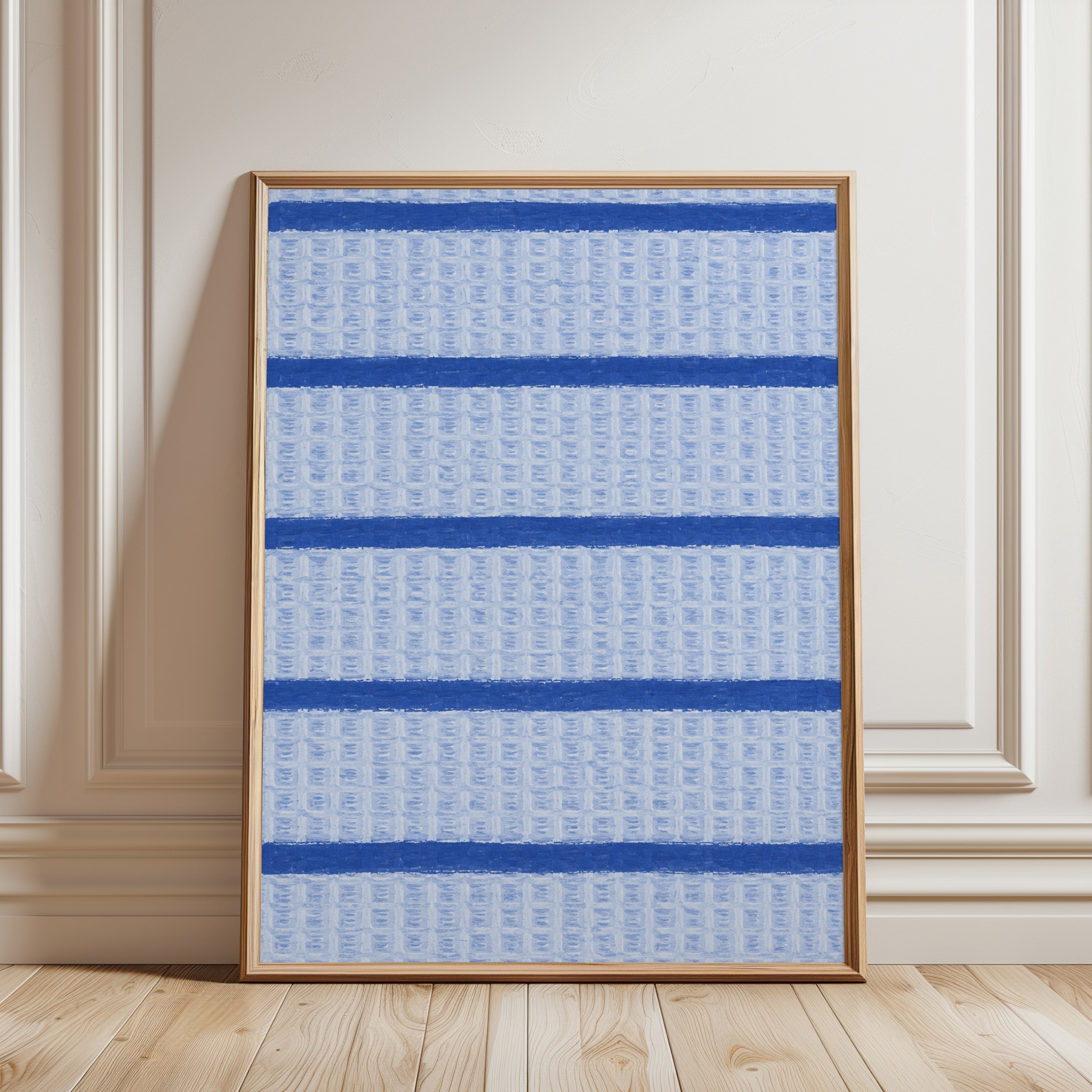 Blue Striped Waffle Texture Art Print: Coastal Fabric Pattern - framed detail