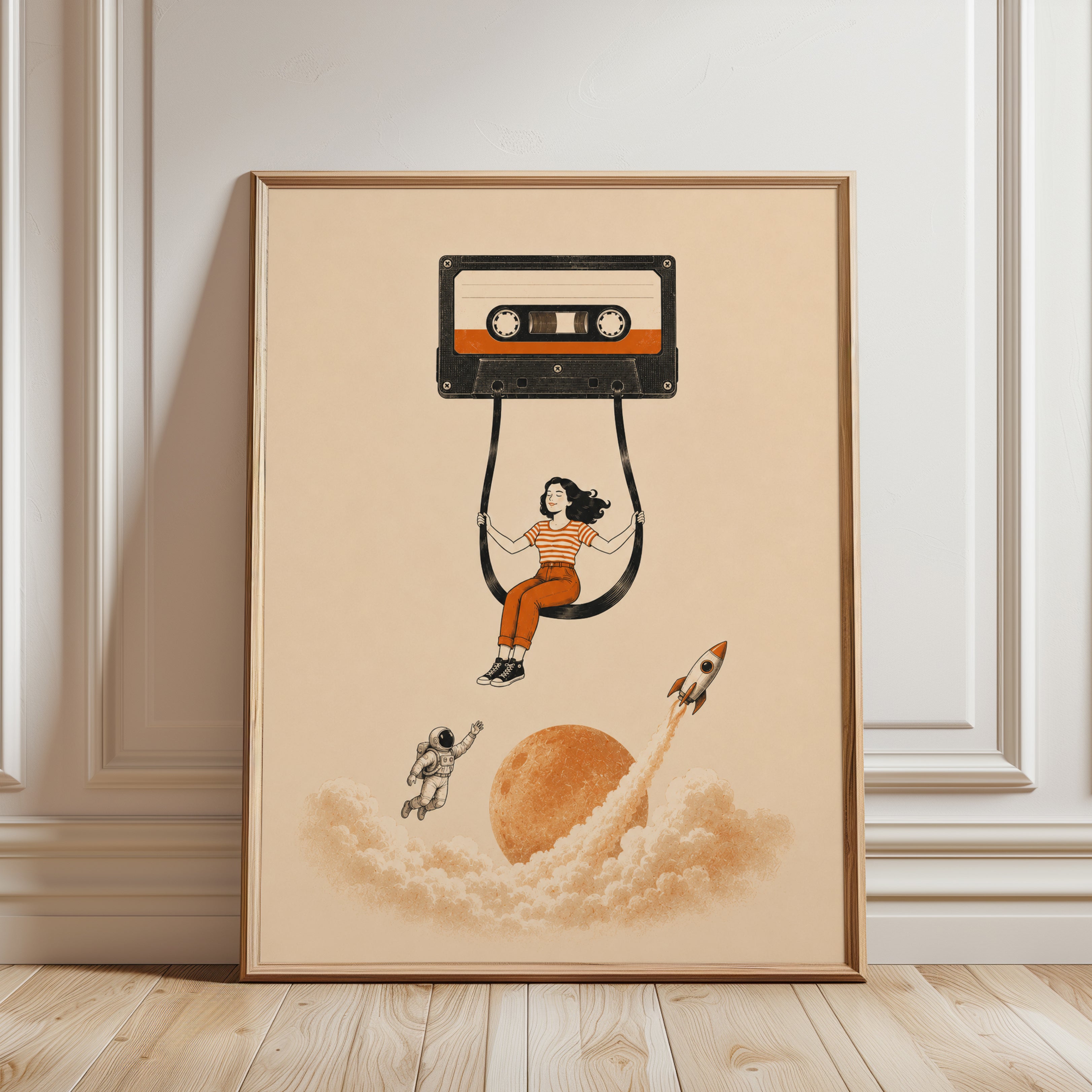 Cassette Tape Swing Art Print: Retro Music and Space Illustration - framed detail