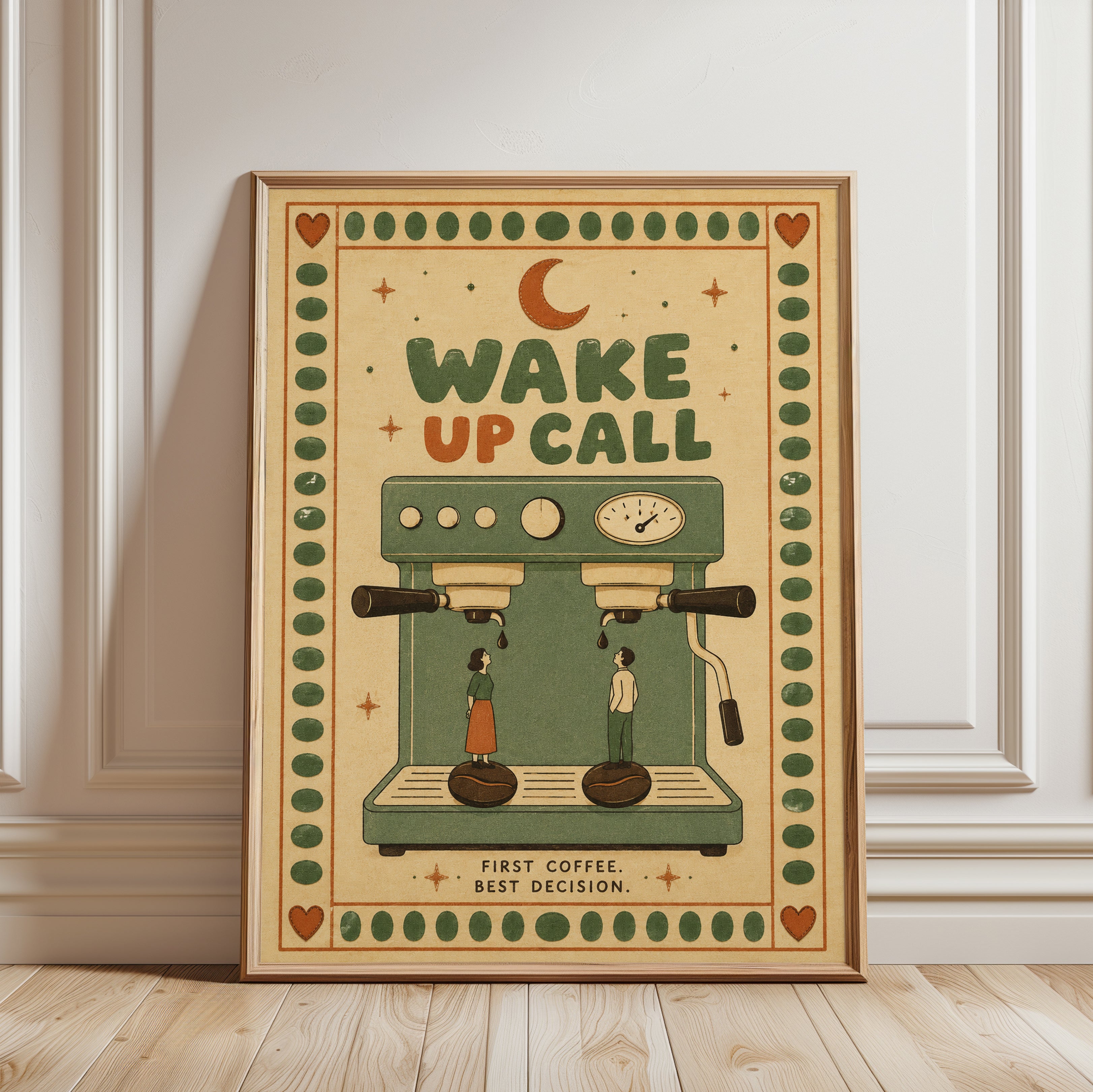 Wake Up Call Coffee Machine Print: Retro Vintage Kitchen Art - framed detail