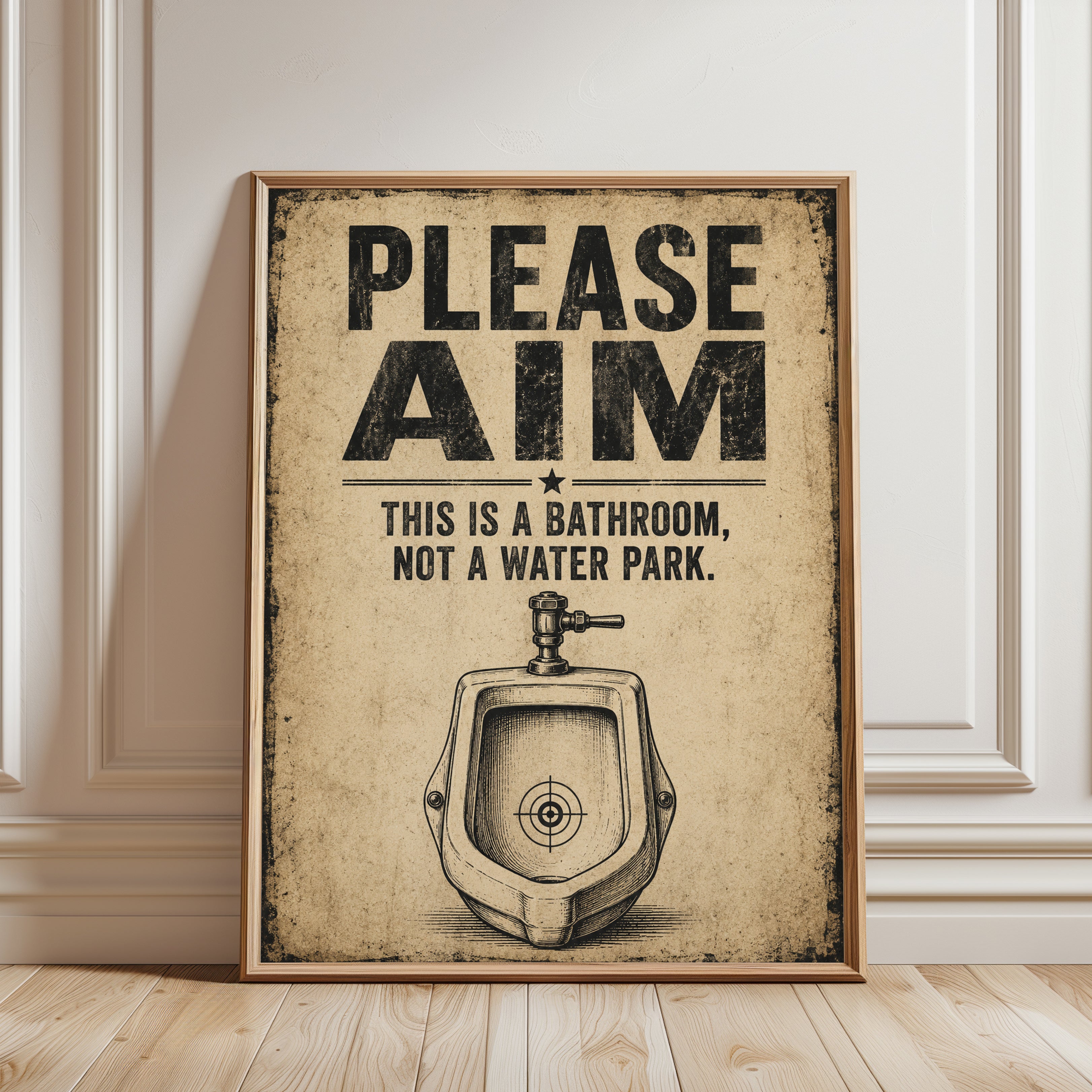 Funny Bathroom Wall Art – Please Aim Sign - framed detail