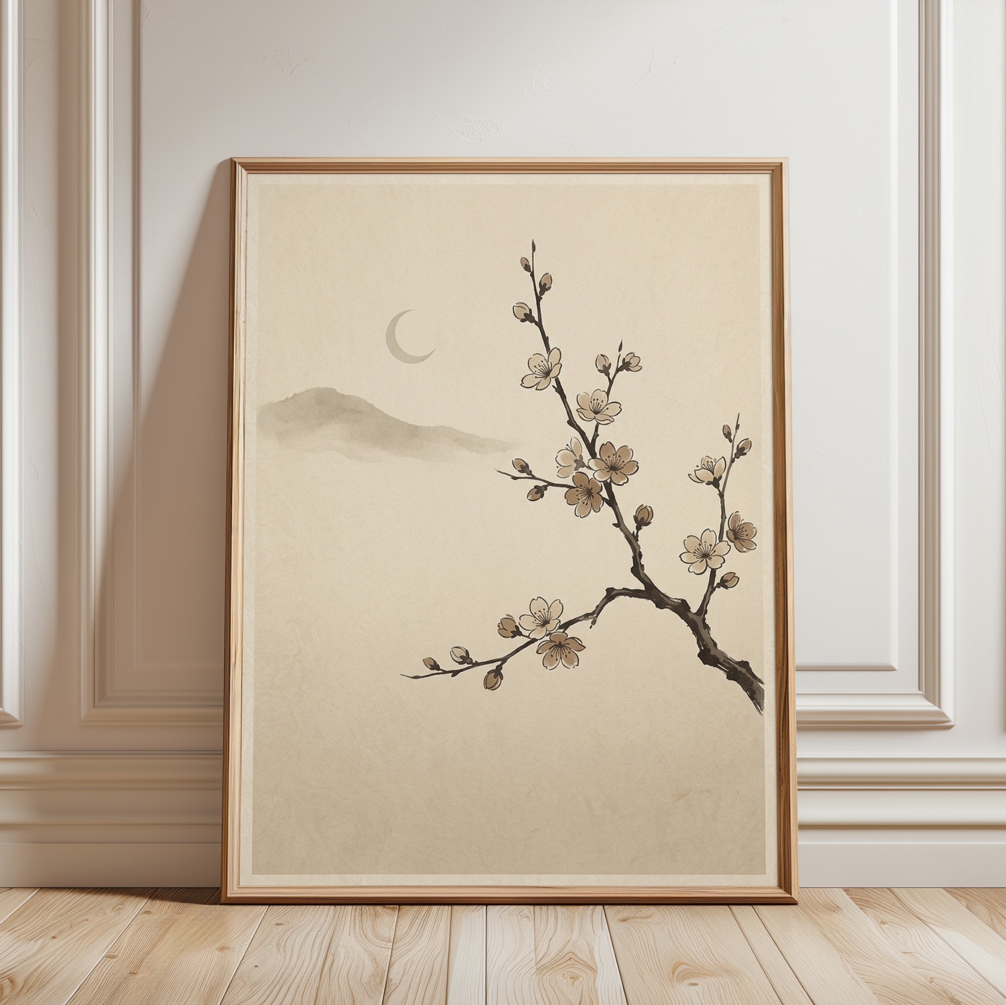 Japanese Cherry Blossom Print — Minimalist Ink Painting - framed detail
