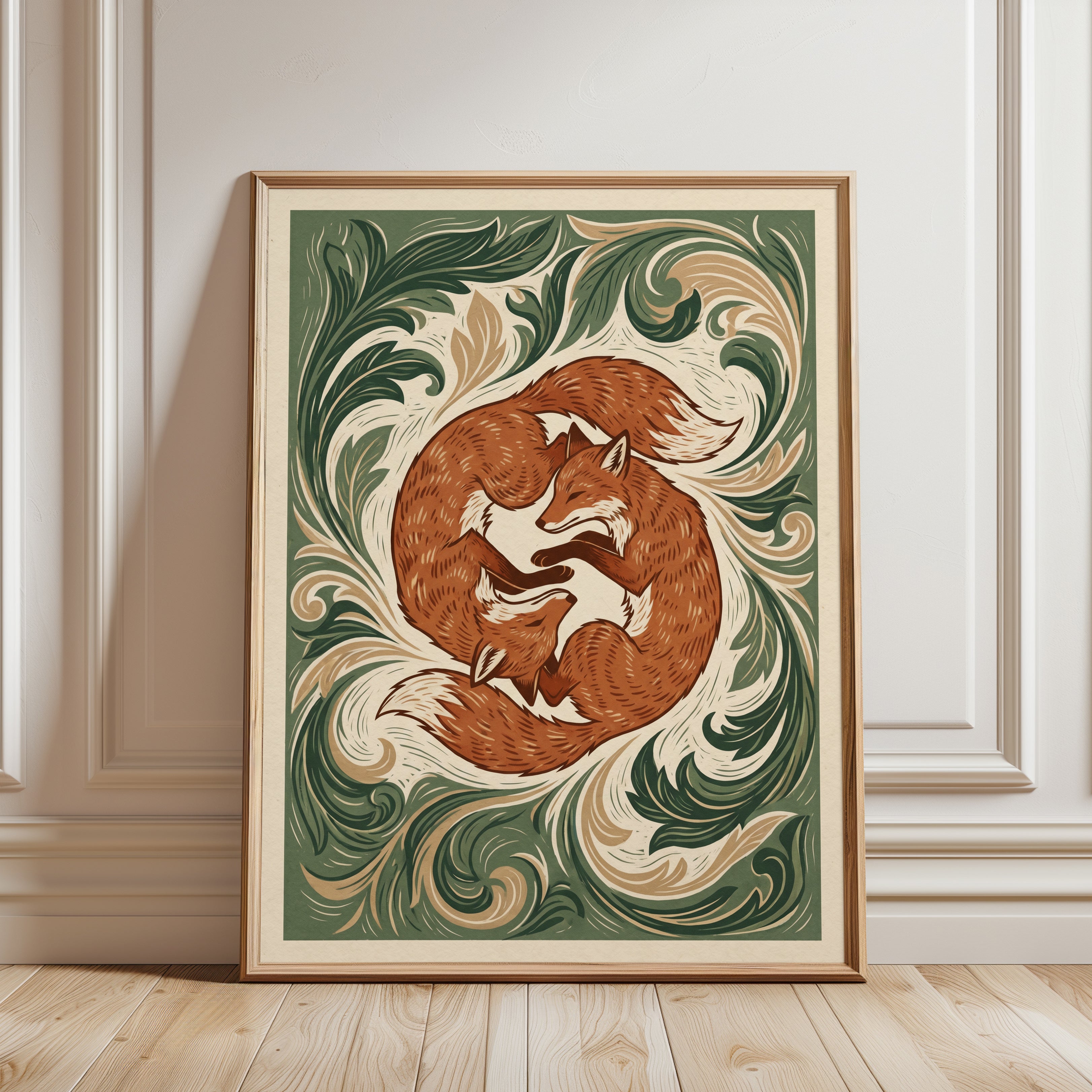 Fox Print Poster: Art Nouveau Wildlife Design (Living Room or Bedroom) - framed detail