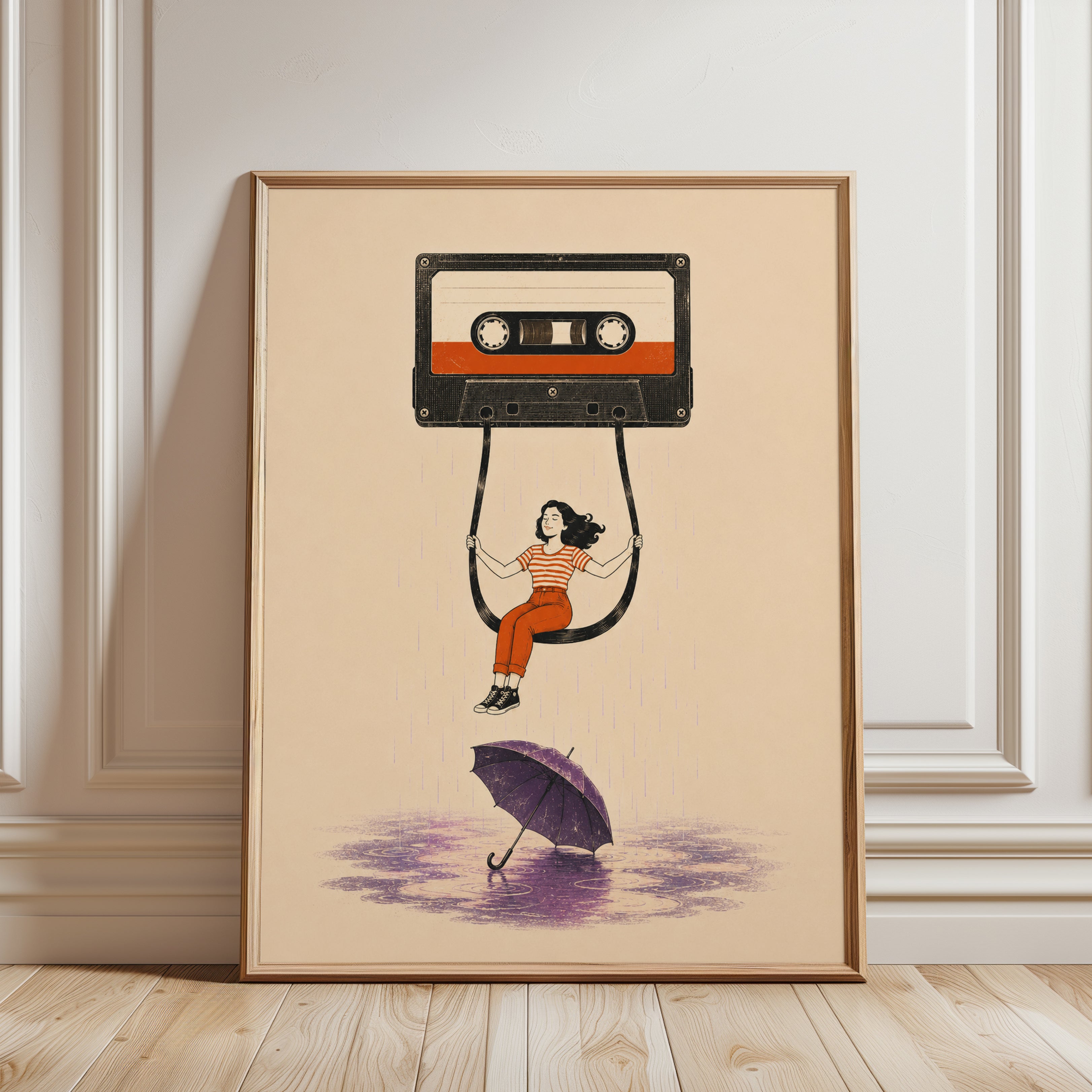 Vintage Music Print: Cassette Tape Swing Girl - framed detail