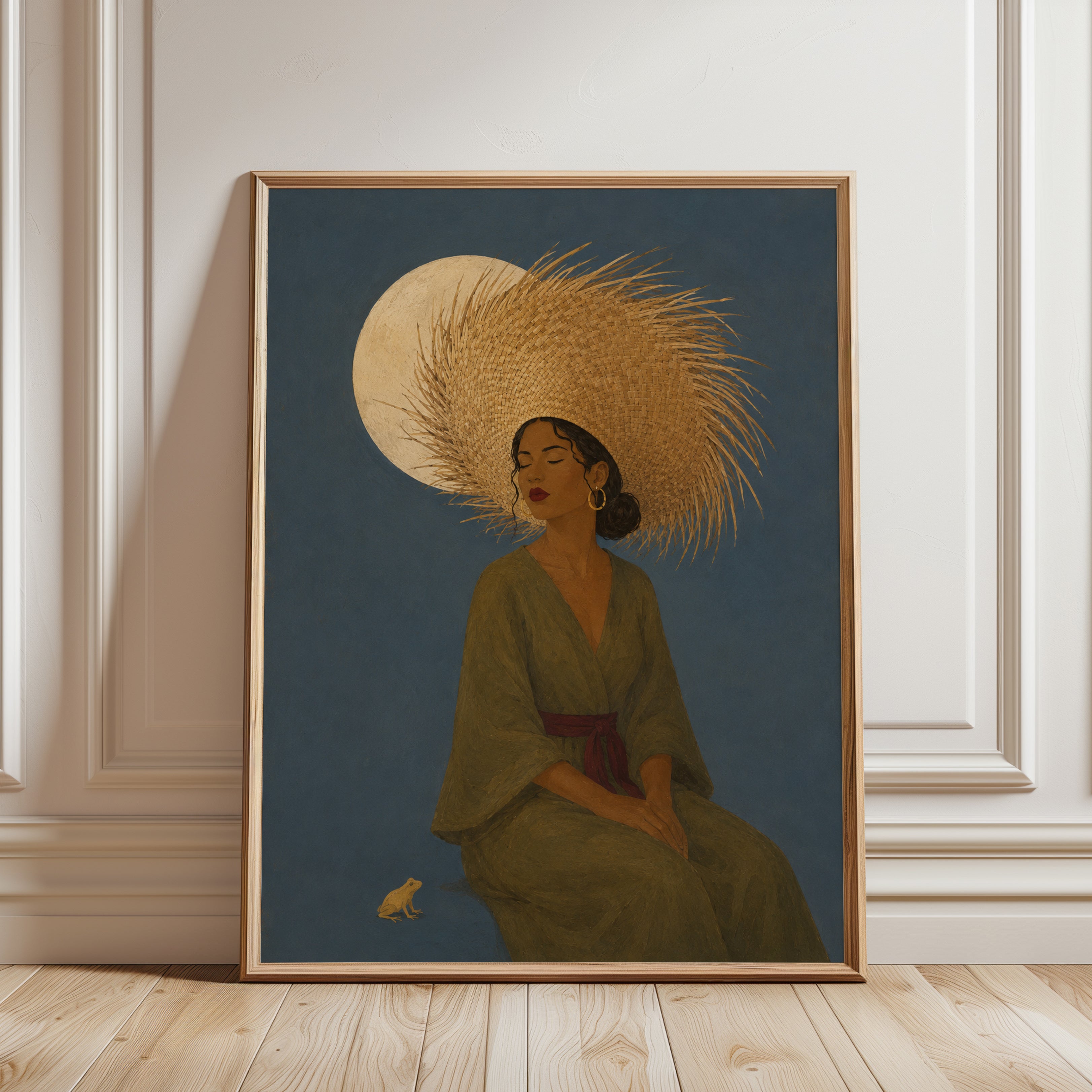 Woman with Straw Hat Folk Art Portrait Print - framed detail