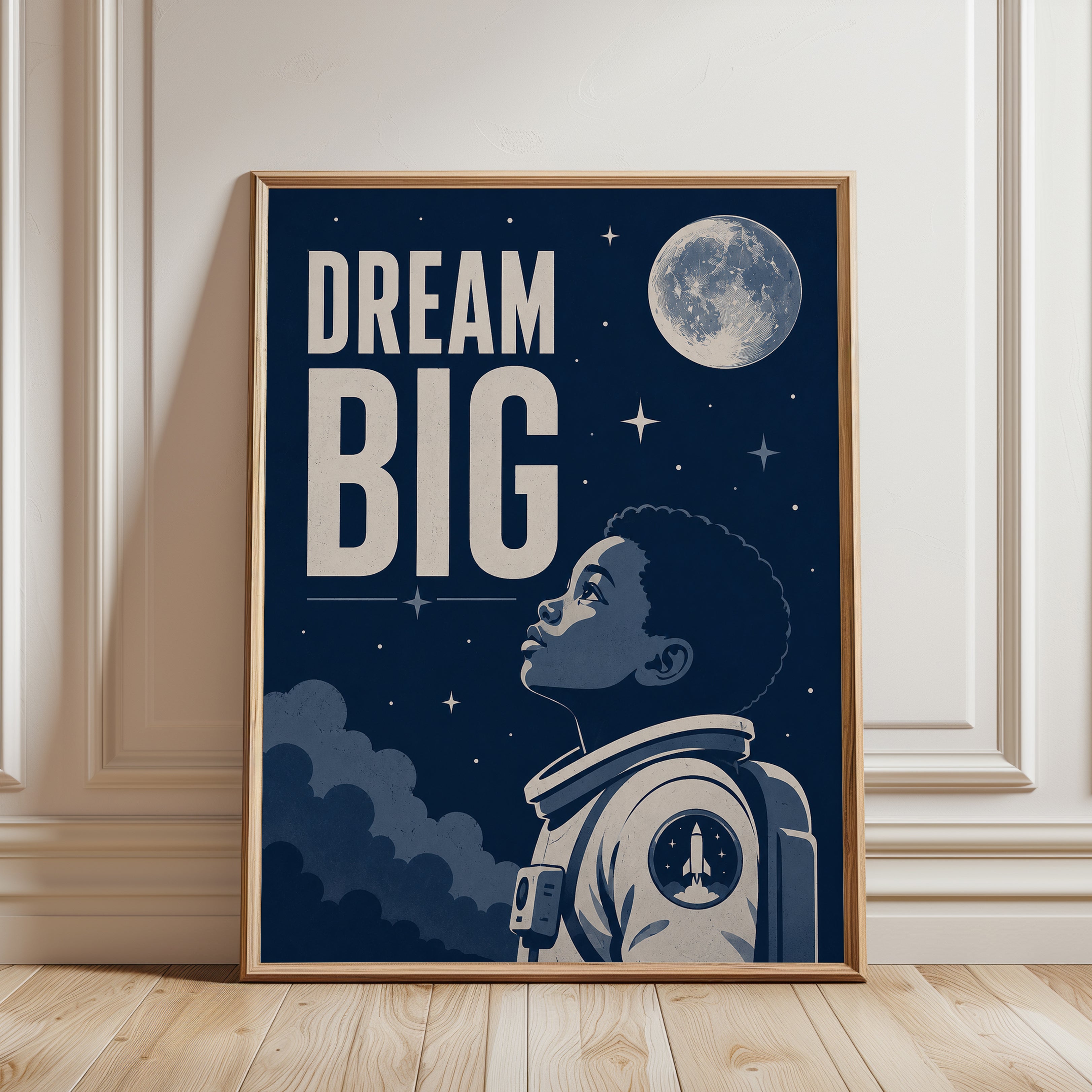 Dream Big Astronaut Poster: Vintage Space Exploration Art Print - framed detail