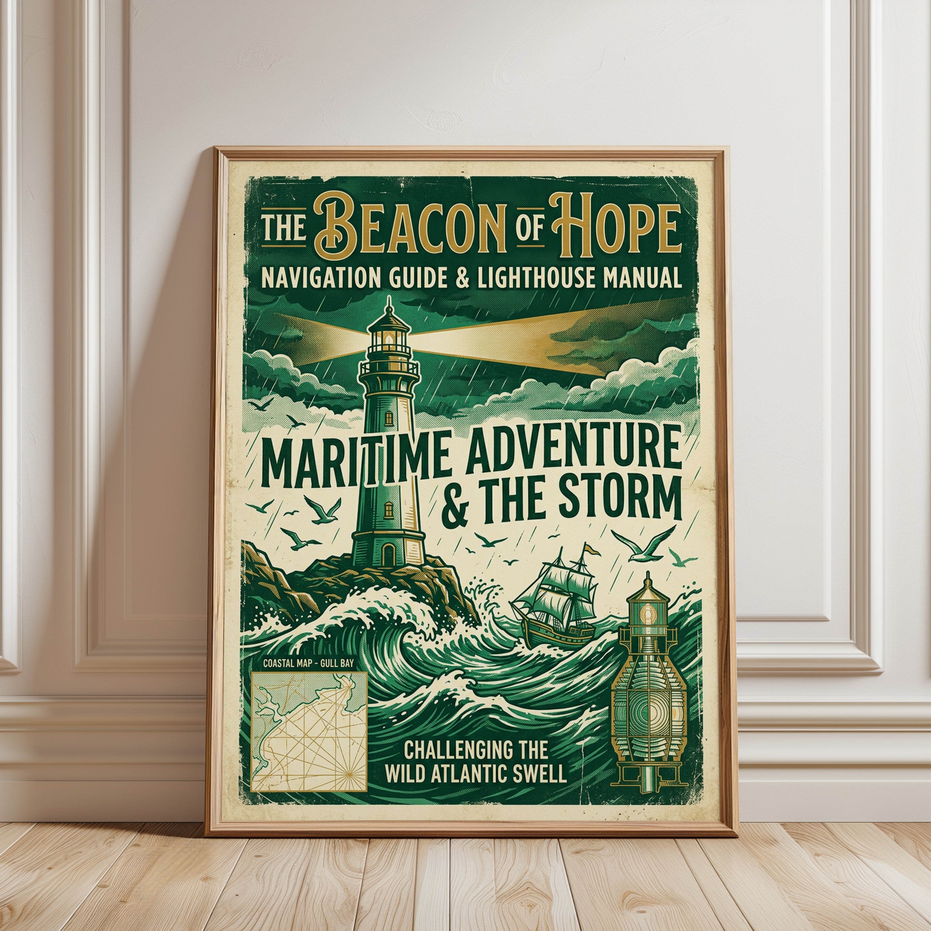 Vintage Lighthouse Poster: Nautical Maritime Green Gold Art Print - framed detail