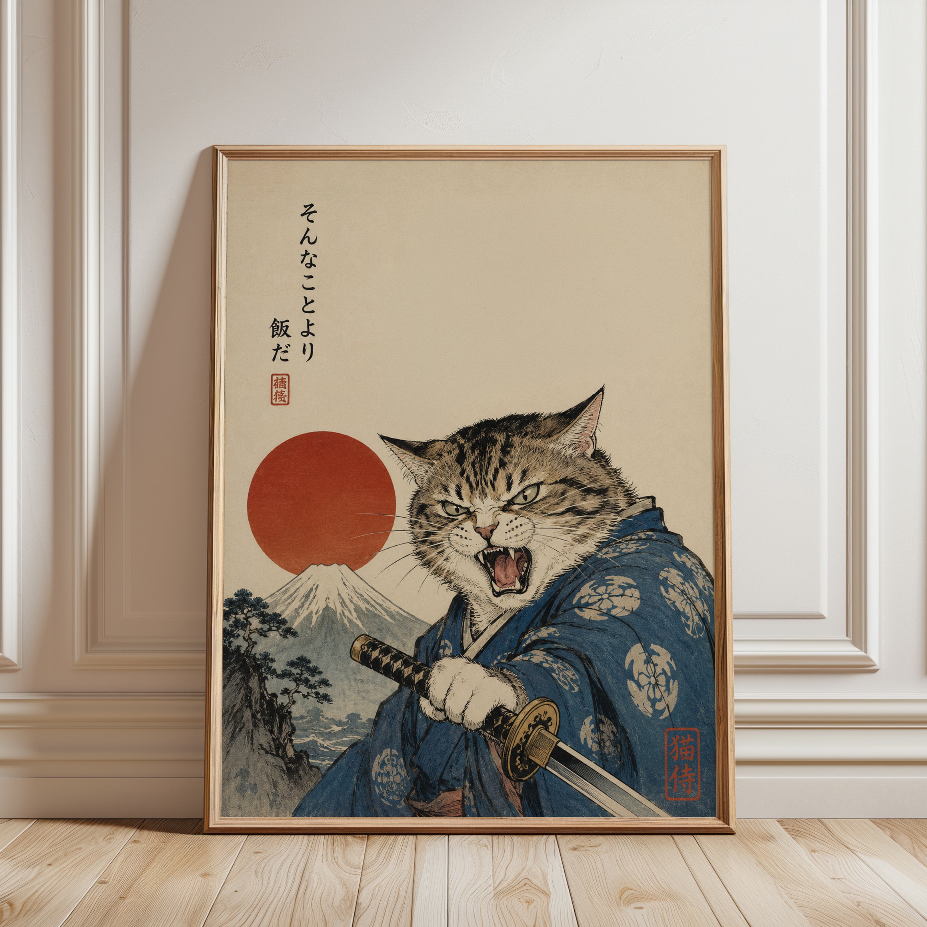 Japanese Cat Wall Art – Samurai Cat Print - framed detail