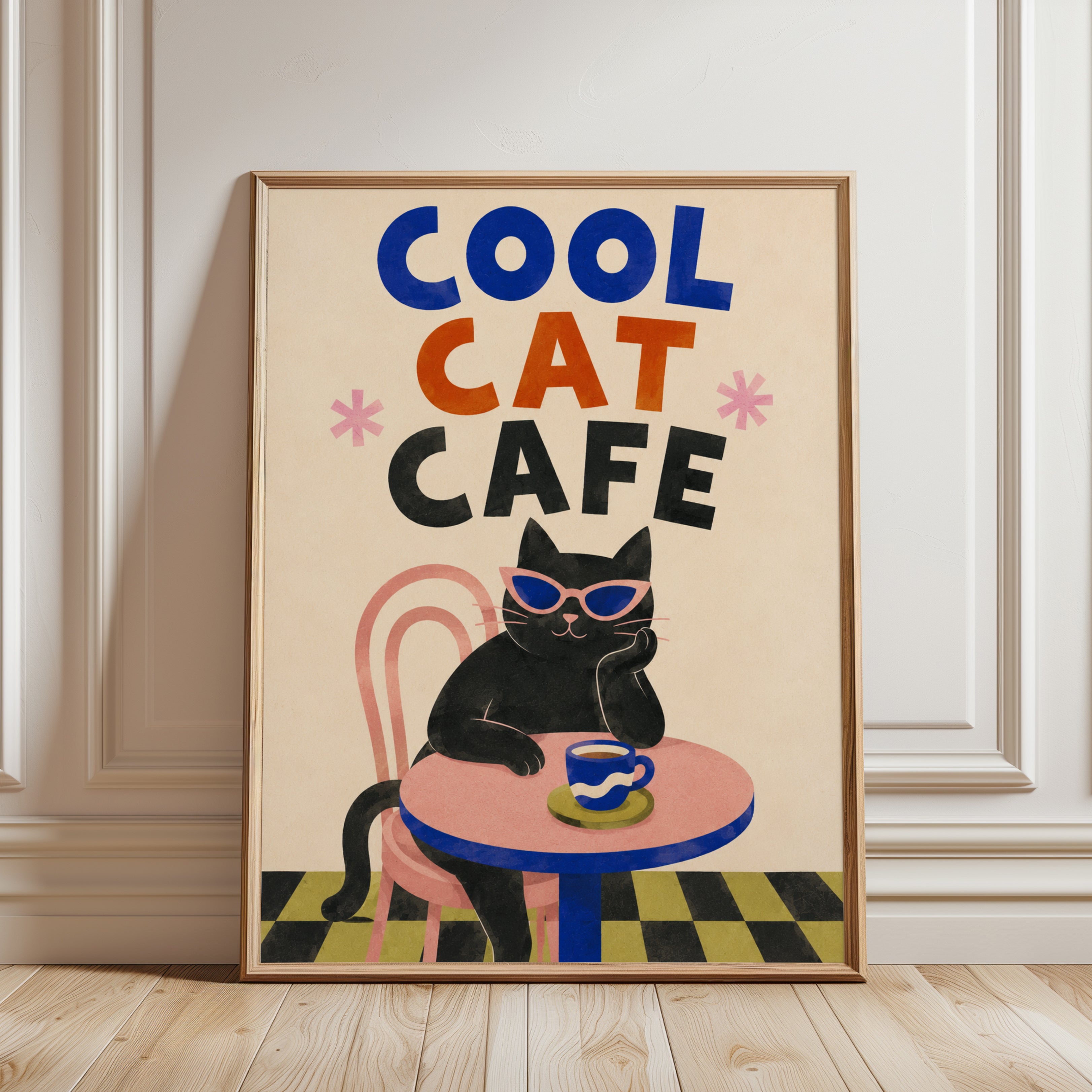 Cat Cafe Wall Art – Retro Black Cat Print - framed detail