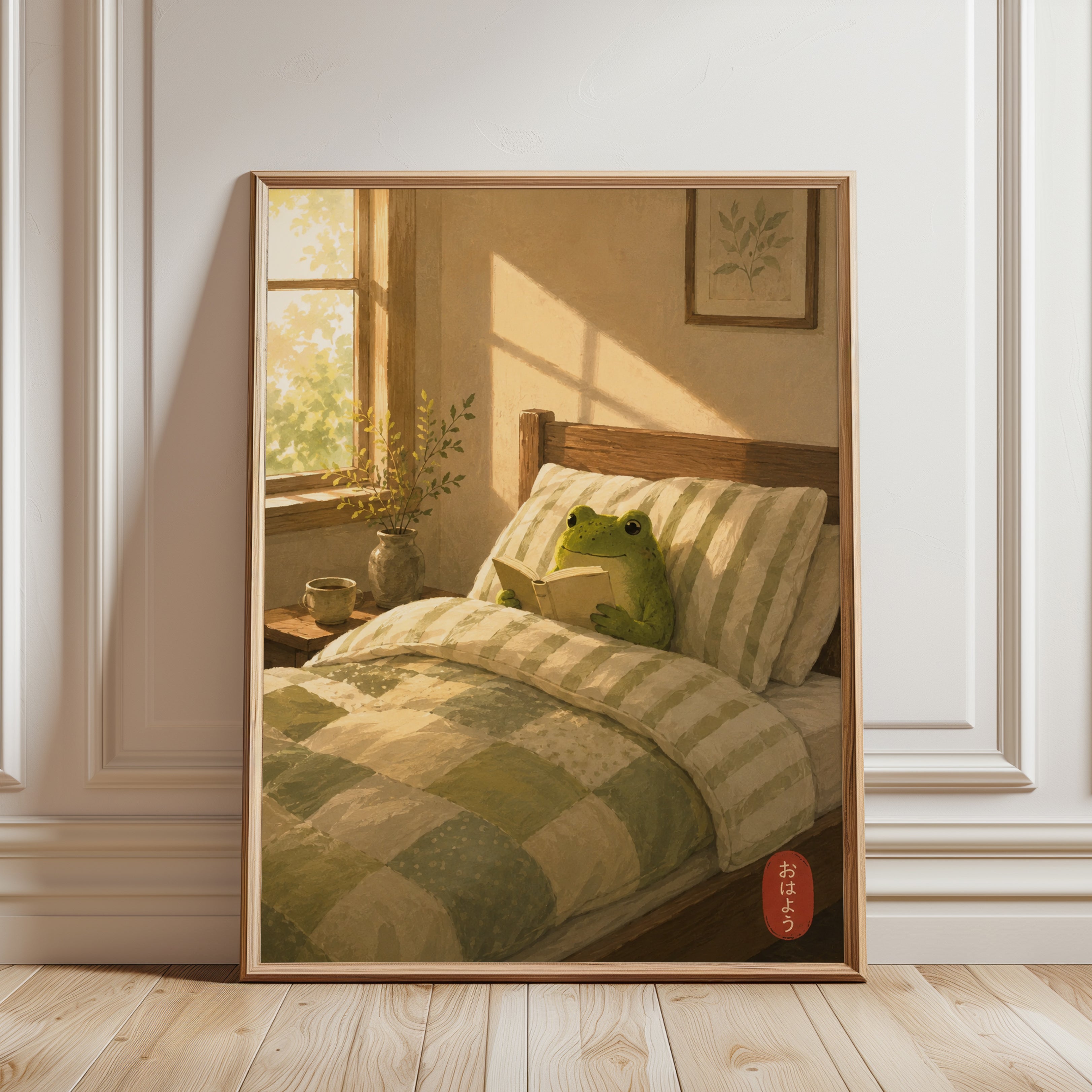 Frog Reading Bedroom Art – Cozy Morning Print - framed detail
