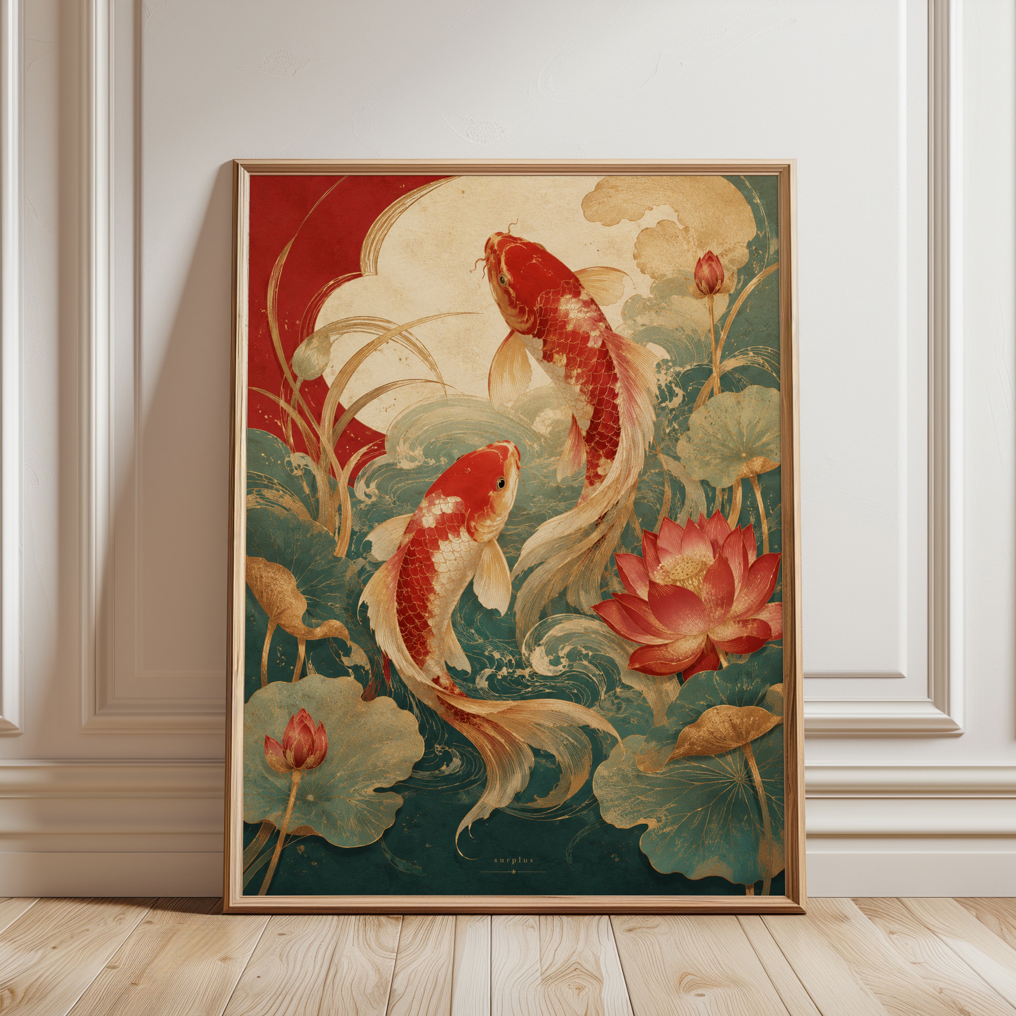 Koi Fish Wall Art – Japanese Lotus Poster - framed detail