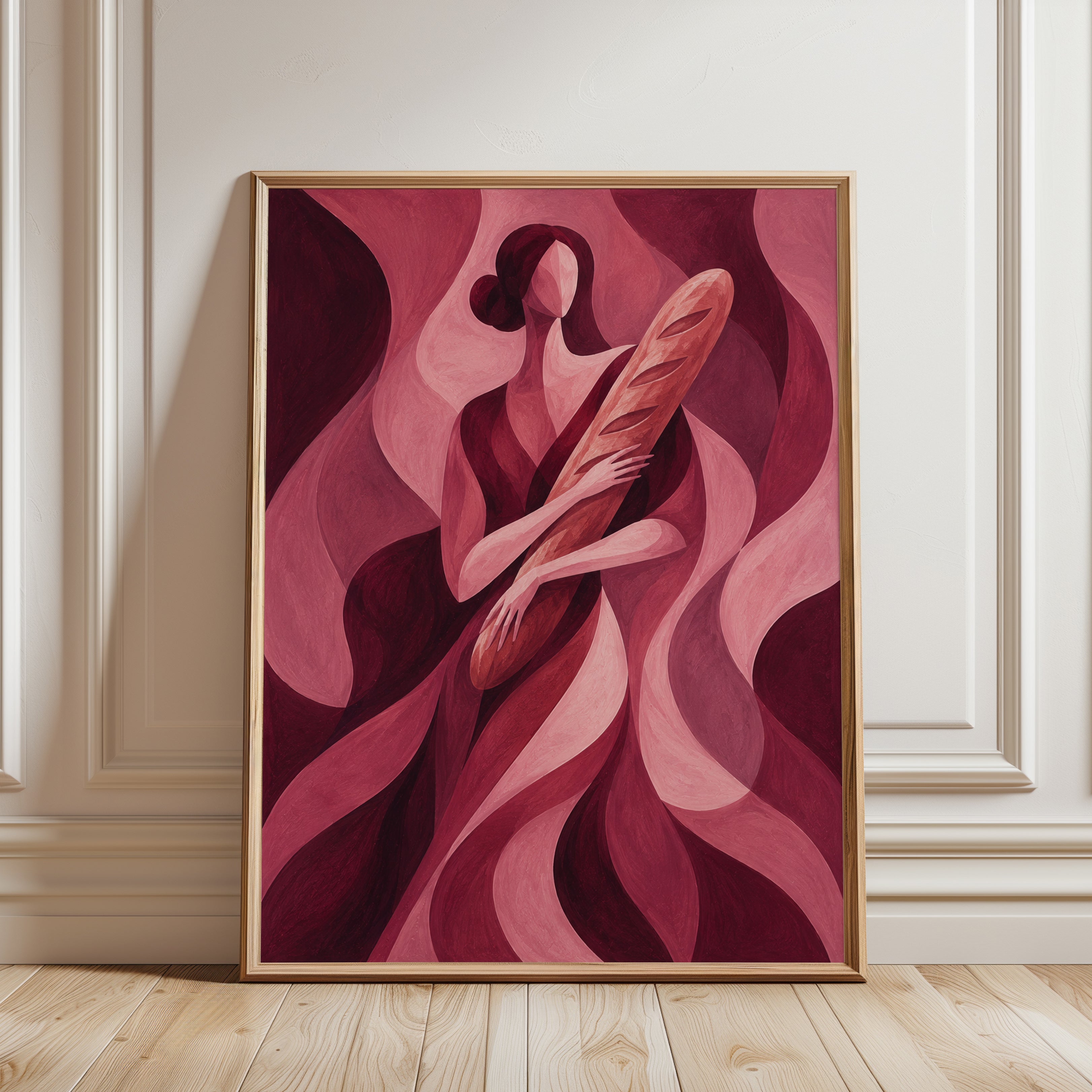 Abstract Woman with Feather: Art Deco Pink Flowing Forms Print - framed detail