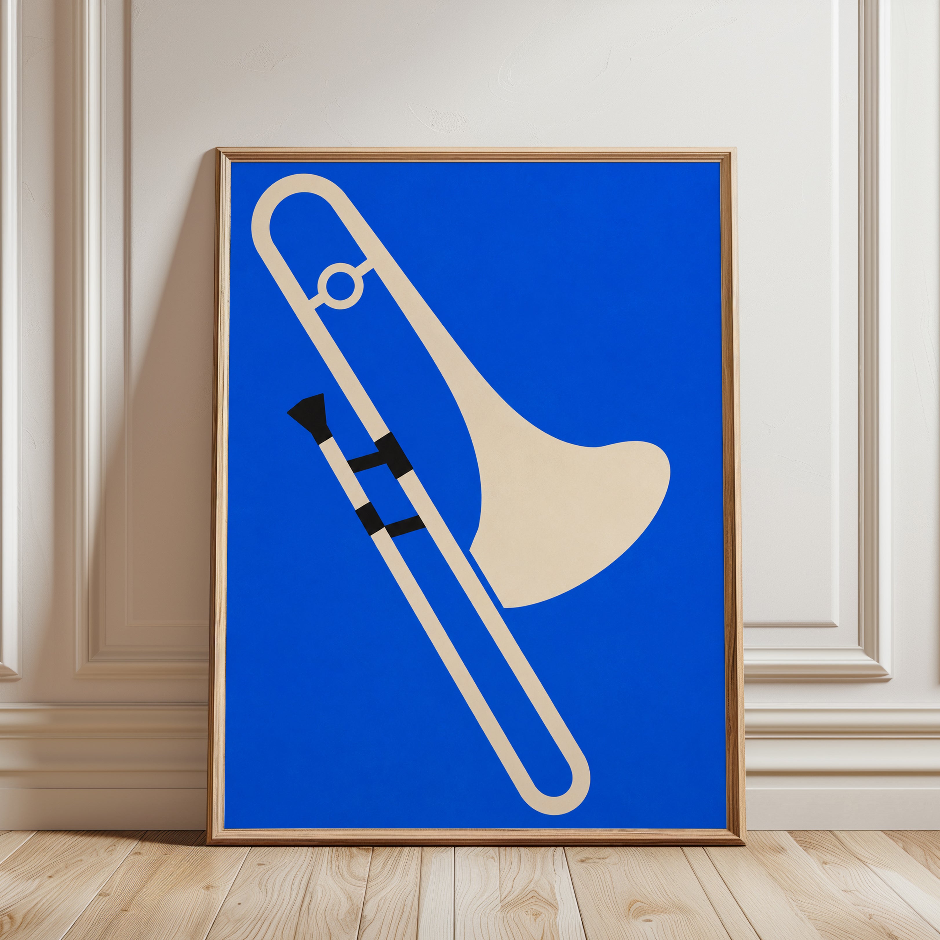 Trombone Wall Art Print — Bold Blue Music Illustration - framed detail