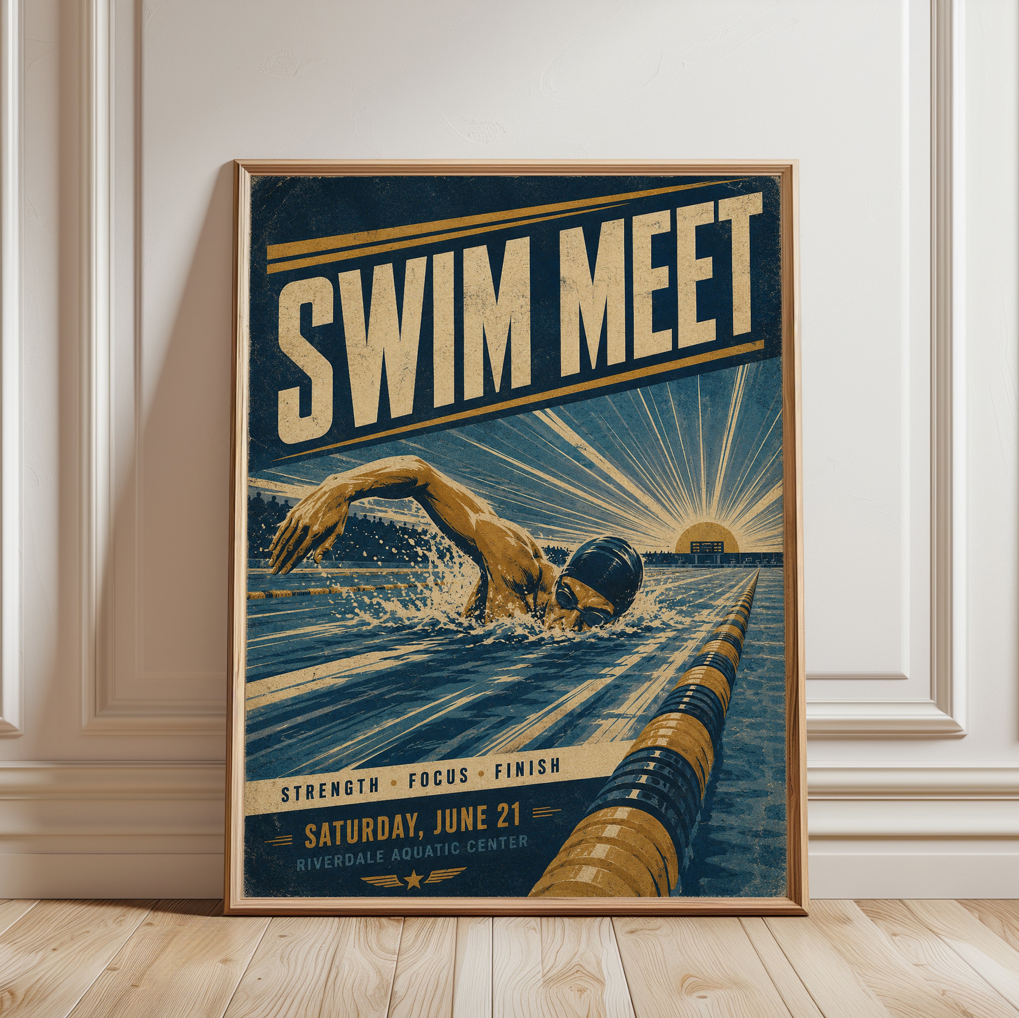 Swim Meet Retro Poster: Vintage Sports Propaganda Art Print - framed detail