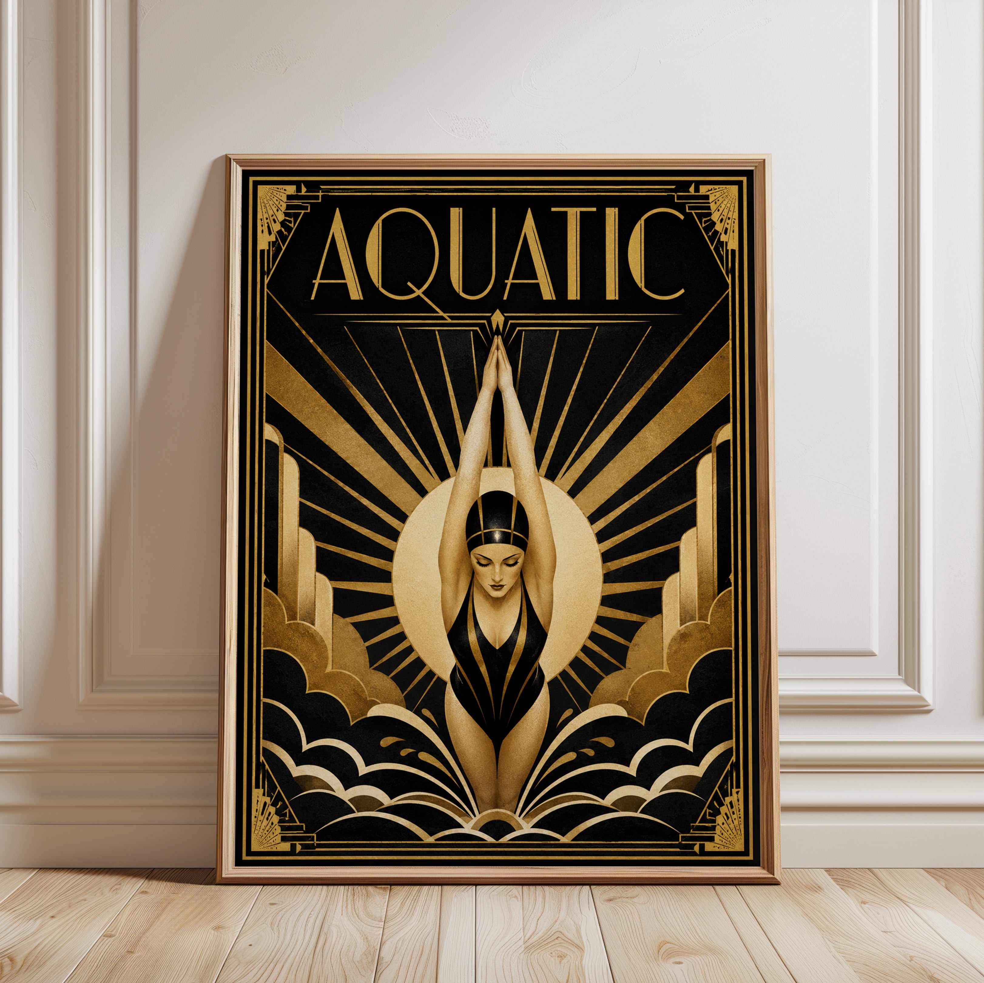 Aquatic Art Deco Swimmer Poster: Gold and Black Geometric Design - framed detail