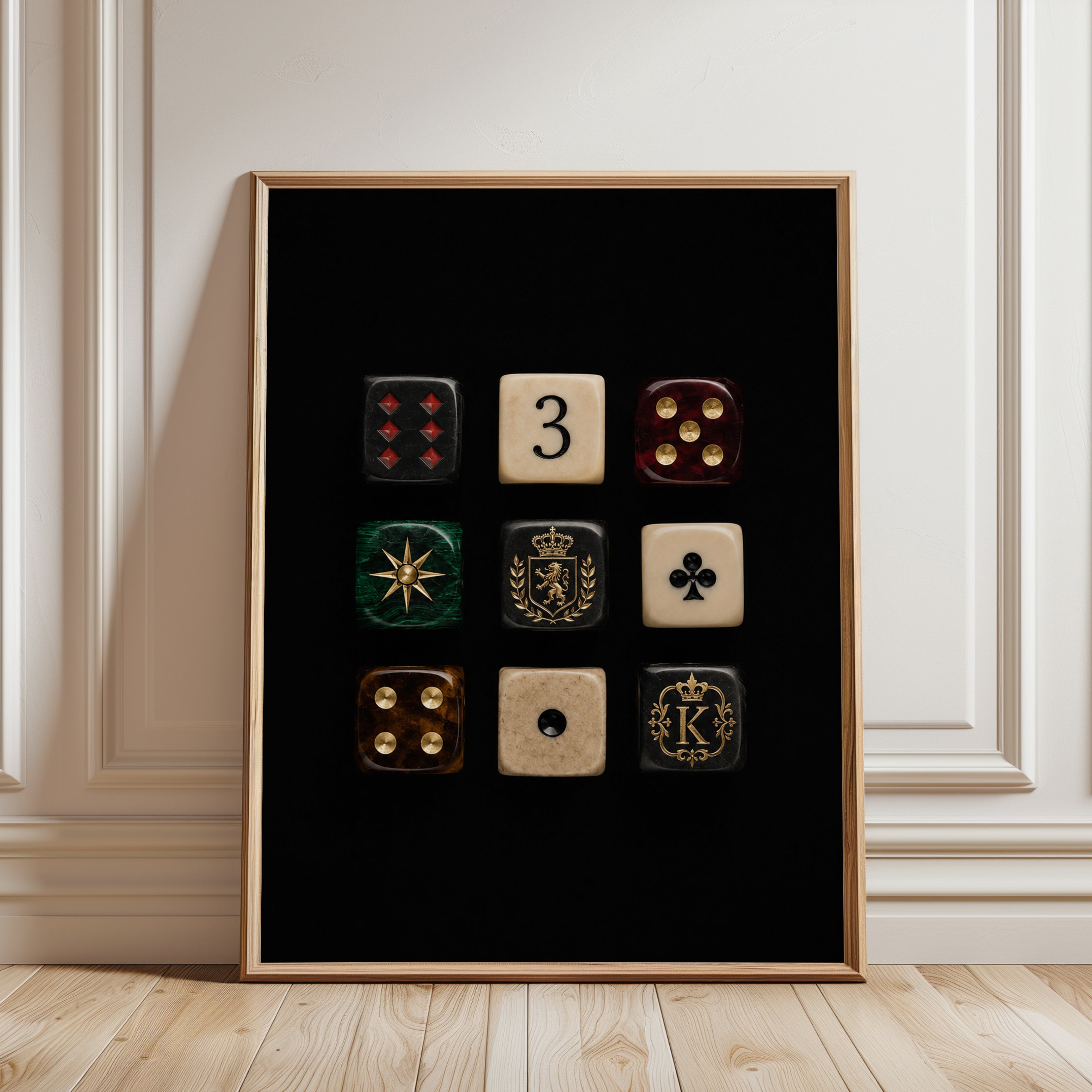 Luxury Dice Collection Print: Gold and Heraldic Gaming Art - framed detail