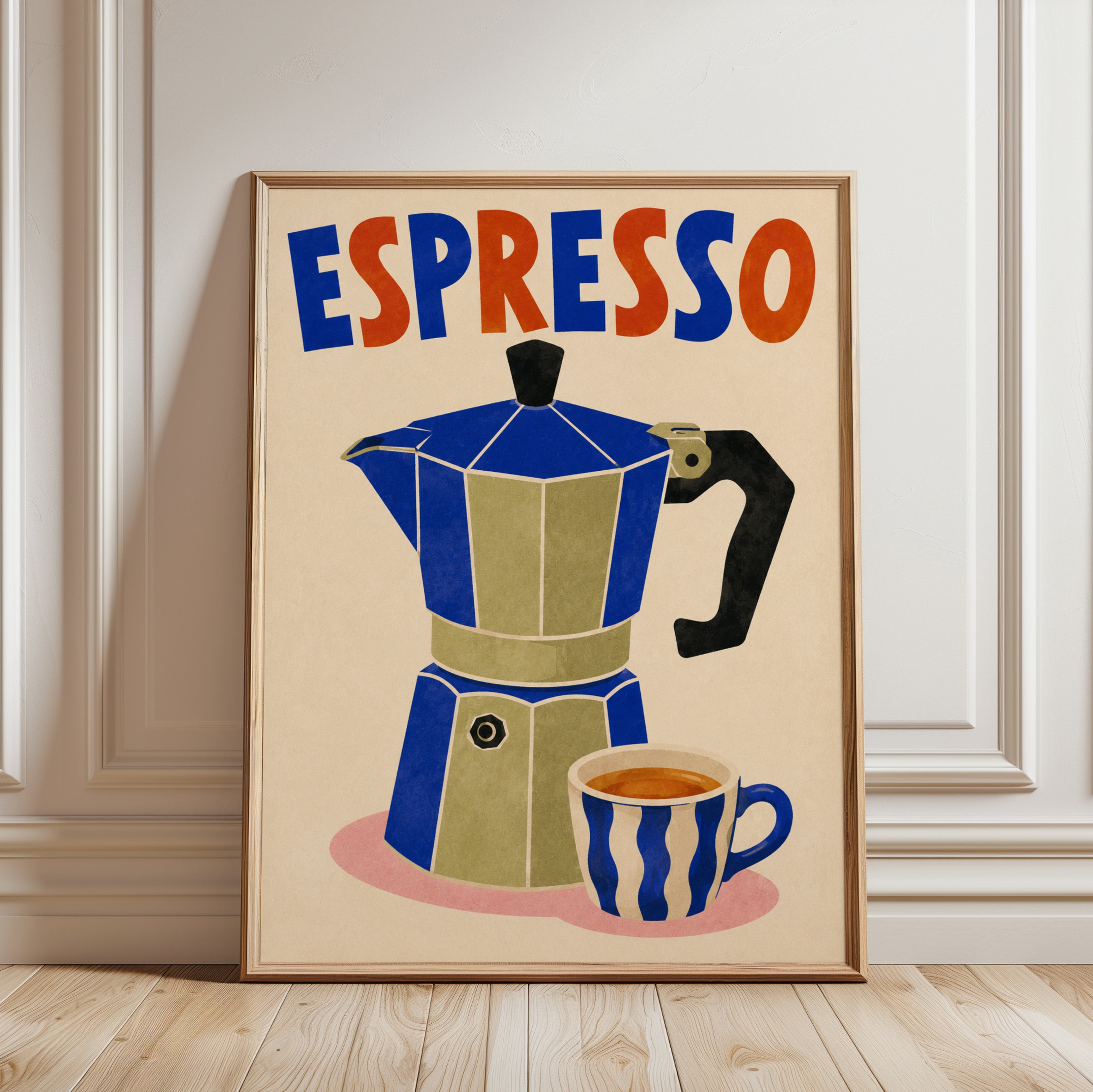 Espresso Moka Pot Poster: Mid-Century Modern Coffee Art Print - framed detail