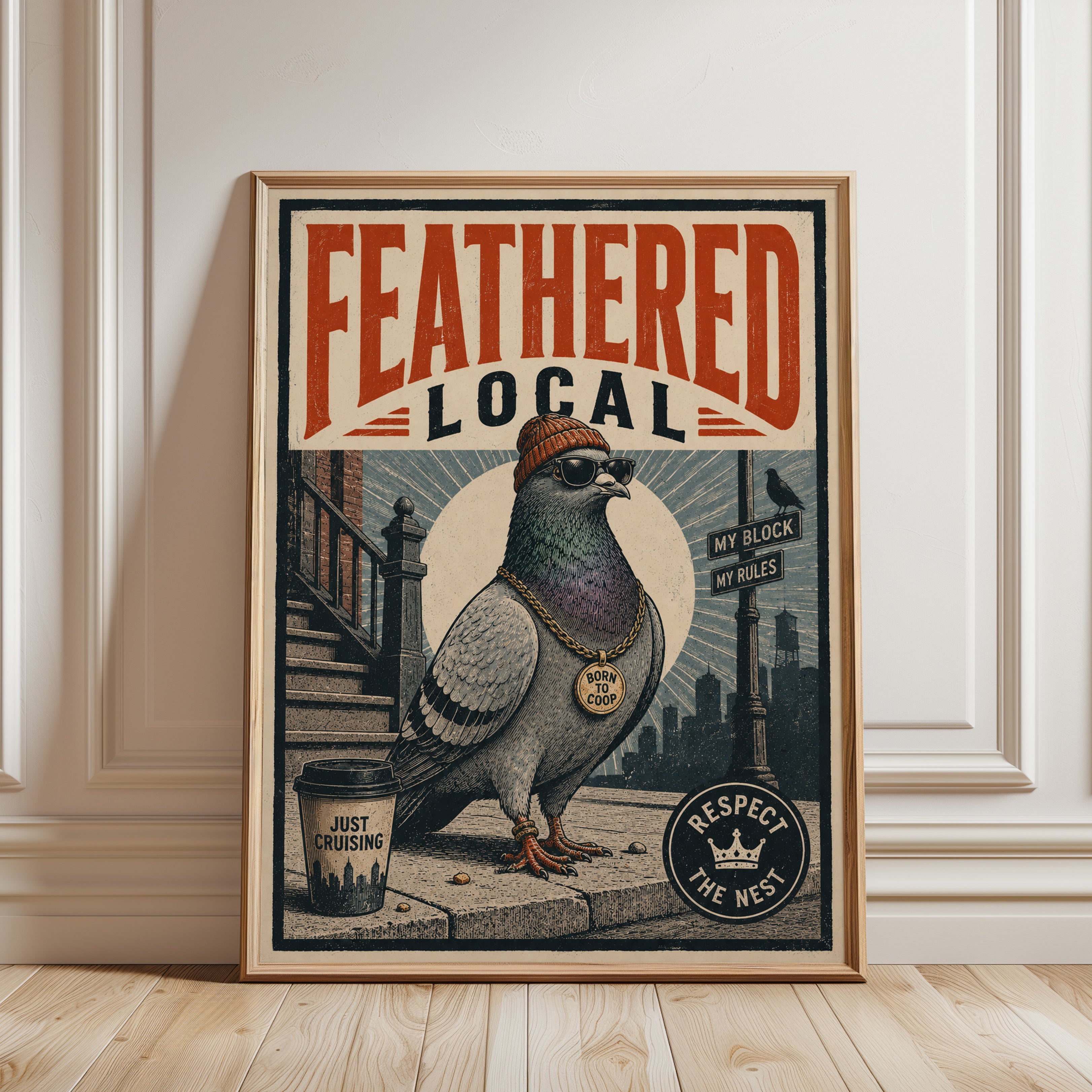 Feathered Local Pigeon Poster: Retro Urban Bird Wall Art - framed detail