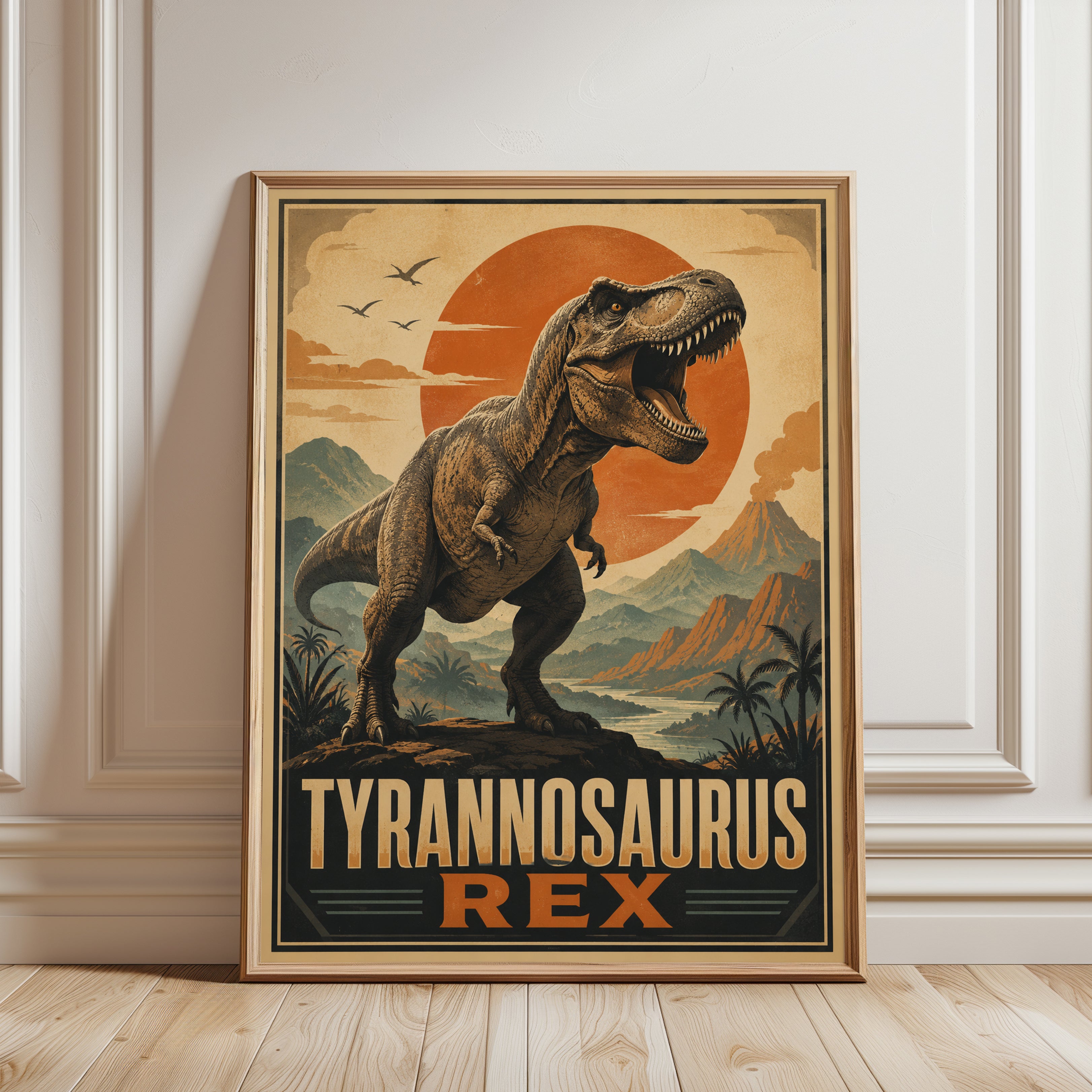 Dinosaur Wall Art: Retro T-Rex Poster - framed detail