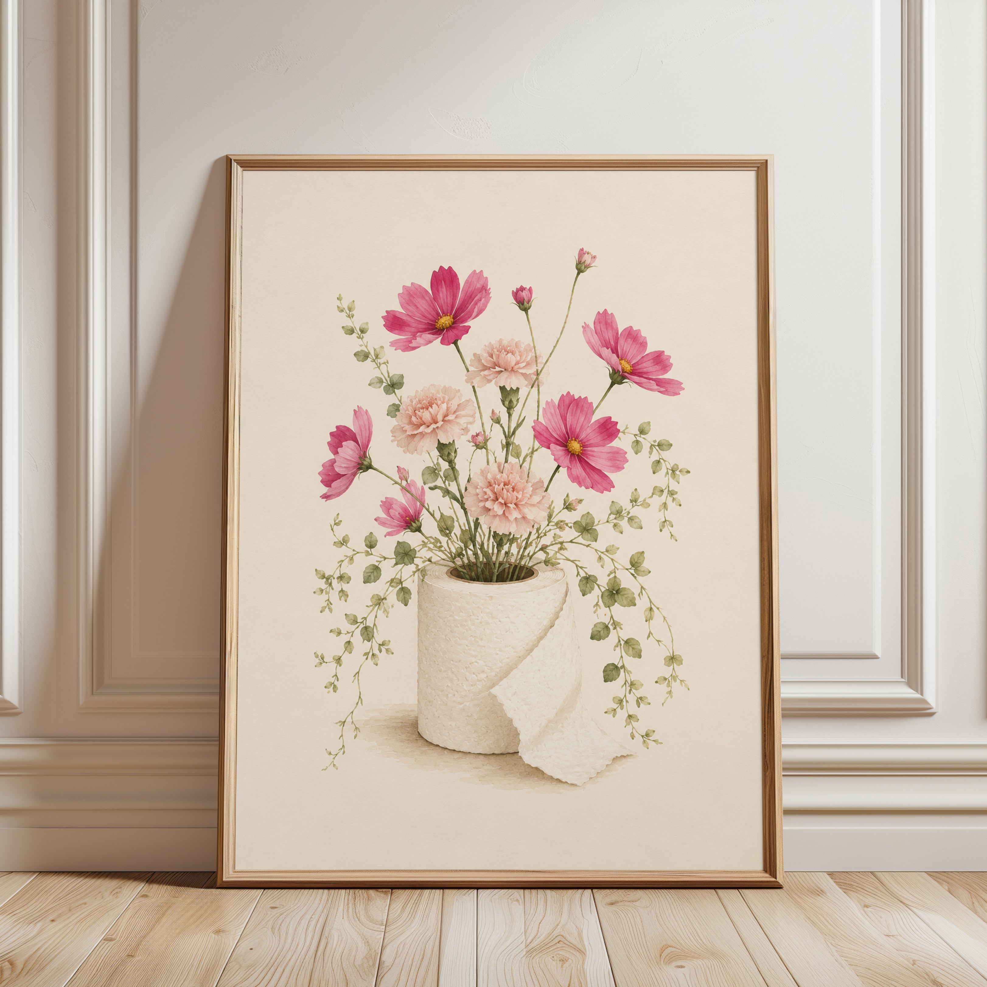 Funny Bathroom Flower Wall Art - framed detail