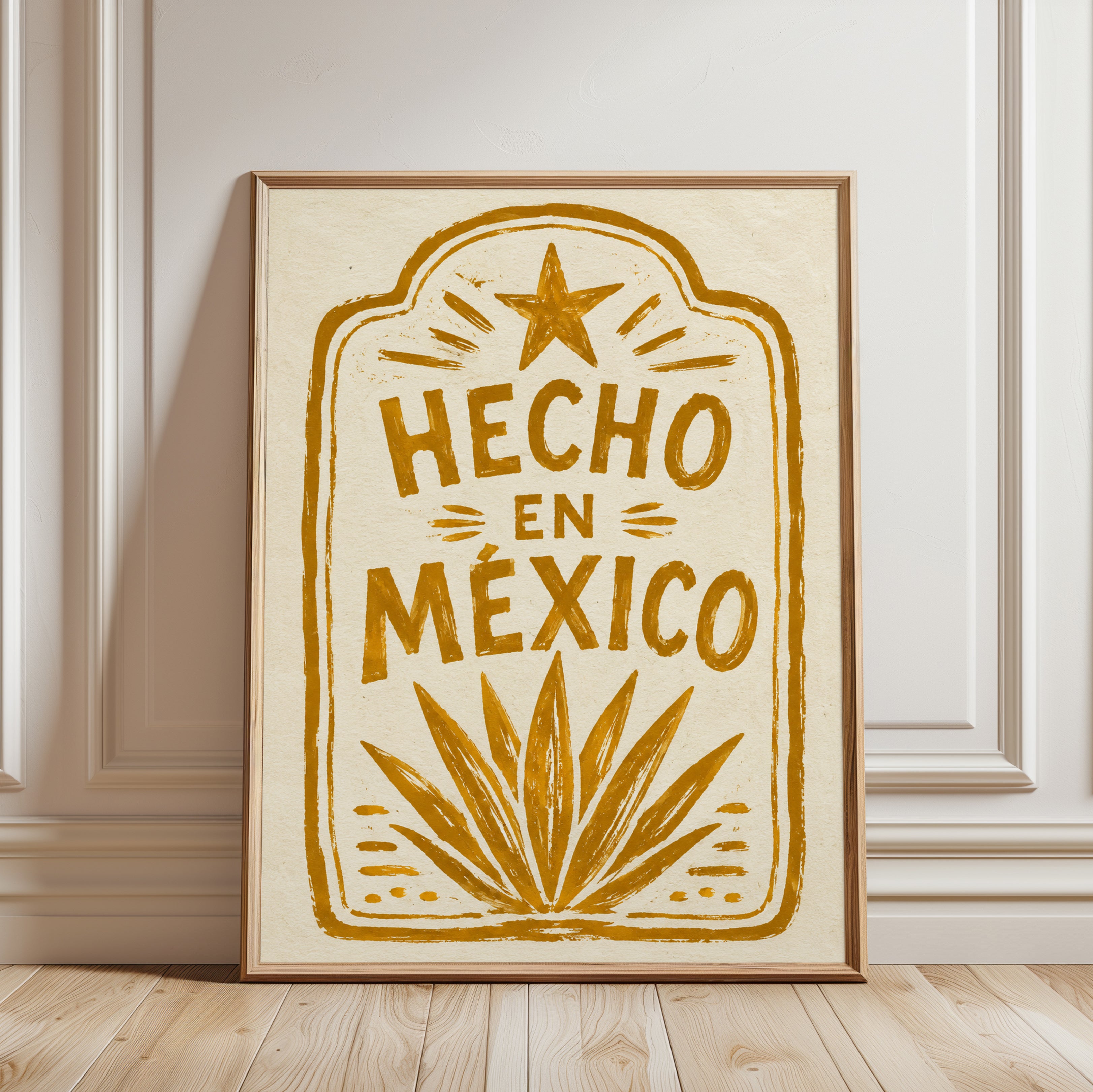 Hecho en Mexico Print: Vintage Golden Stamp Wall Art - framed detail