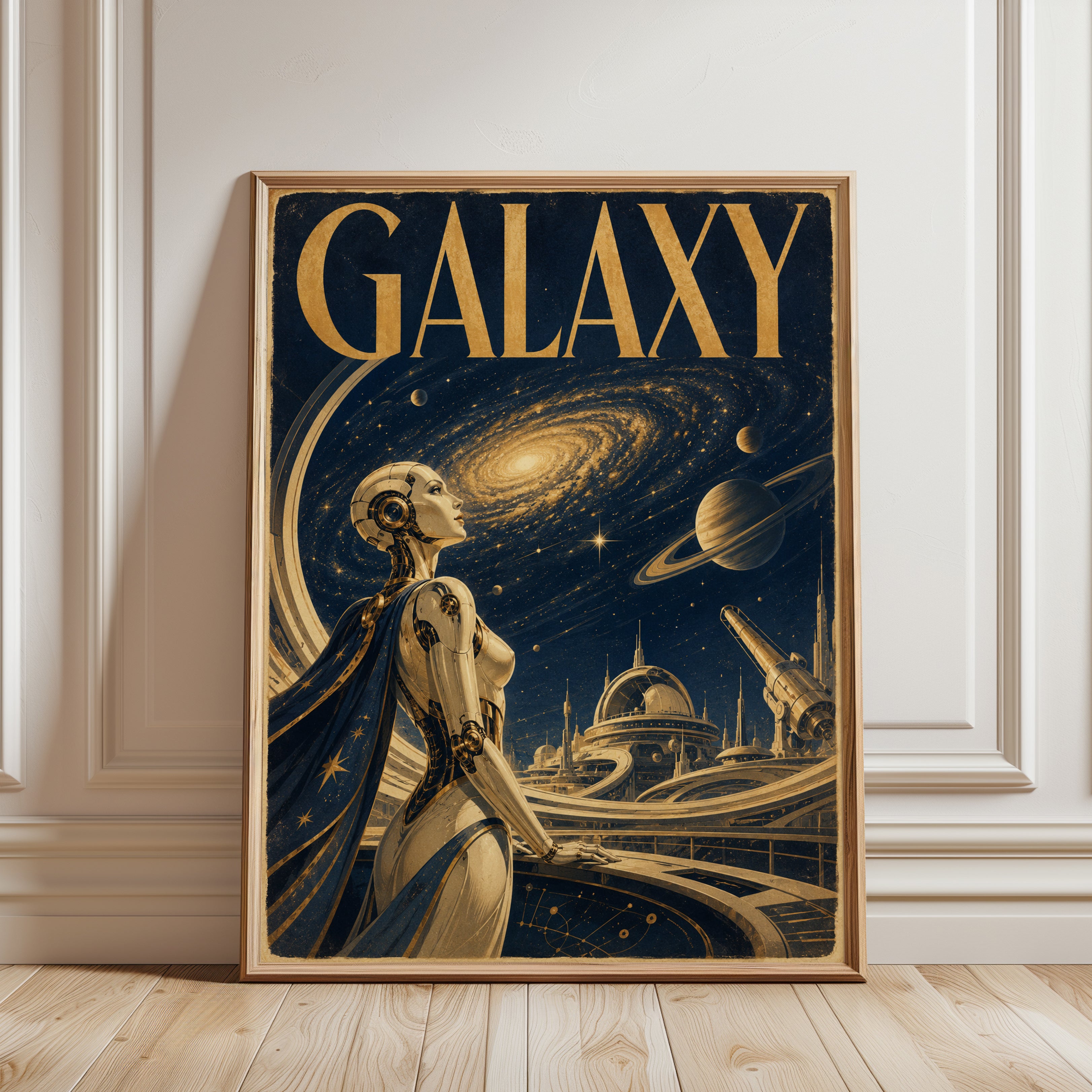 Retro Sci-Fi Galaxy Poster: Art Deco Robot and Space Scene - framed detail