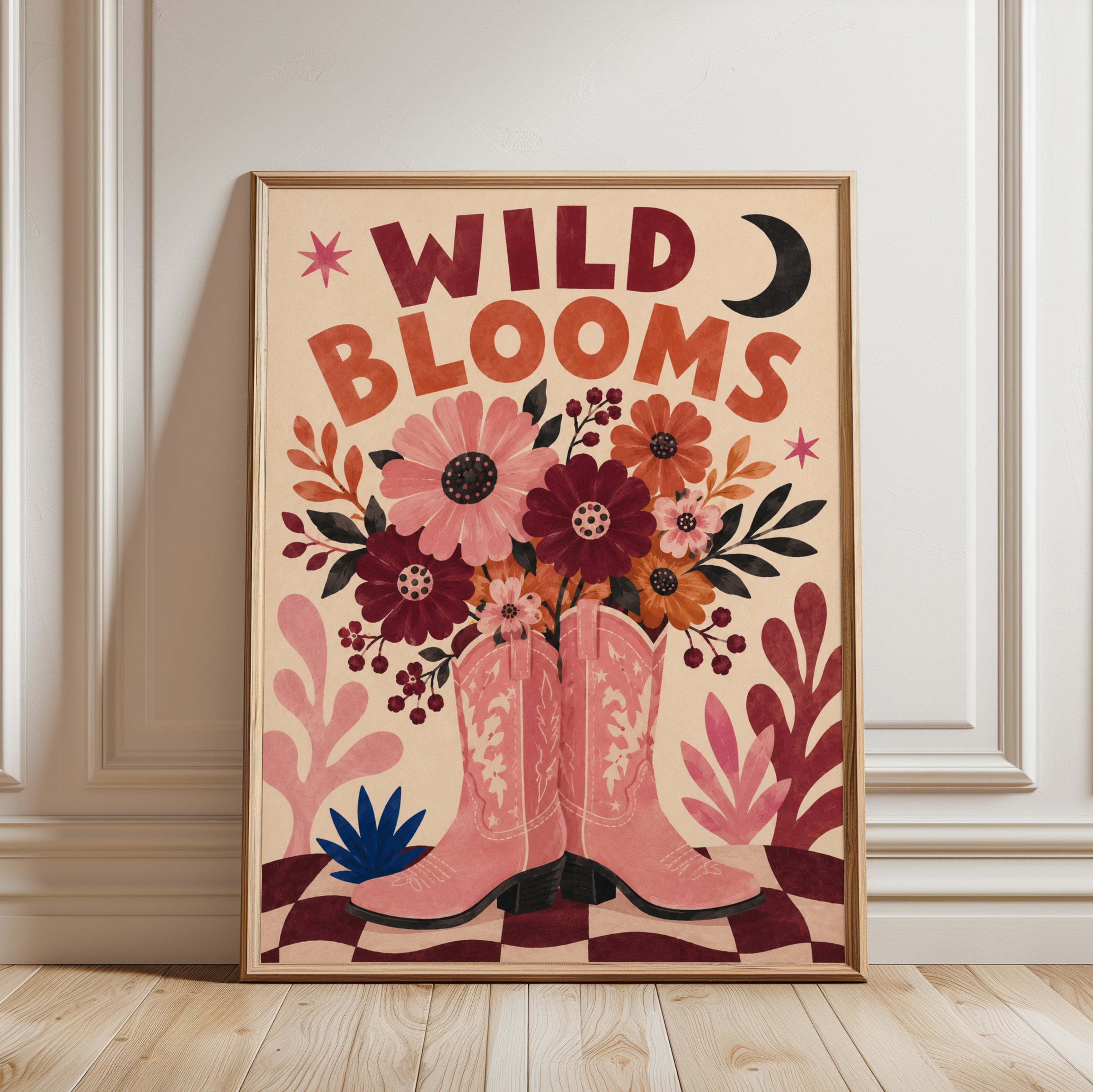 Wild Blooms Cowboy Boots Print: Retro Western Floral Wall Art - framed detail