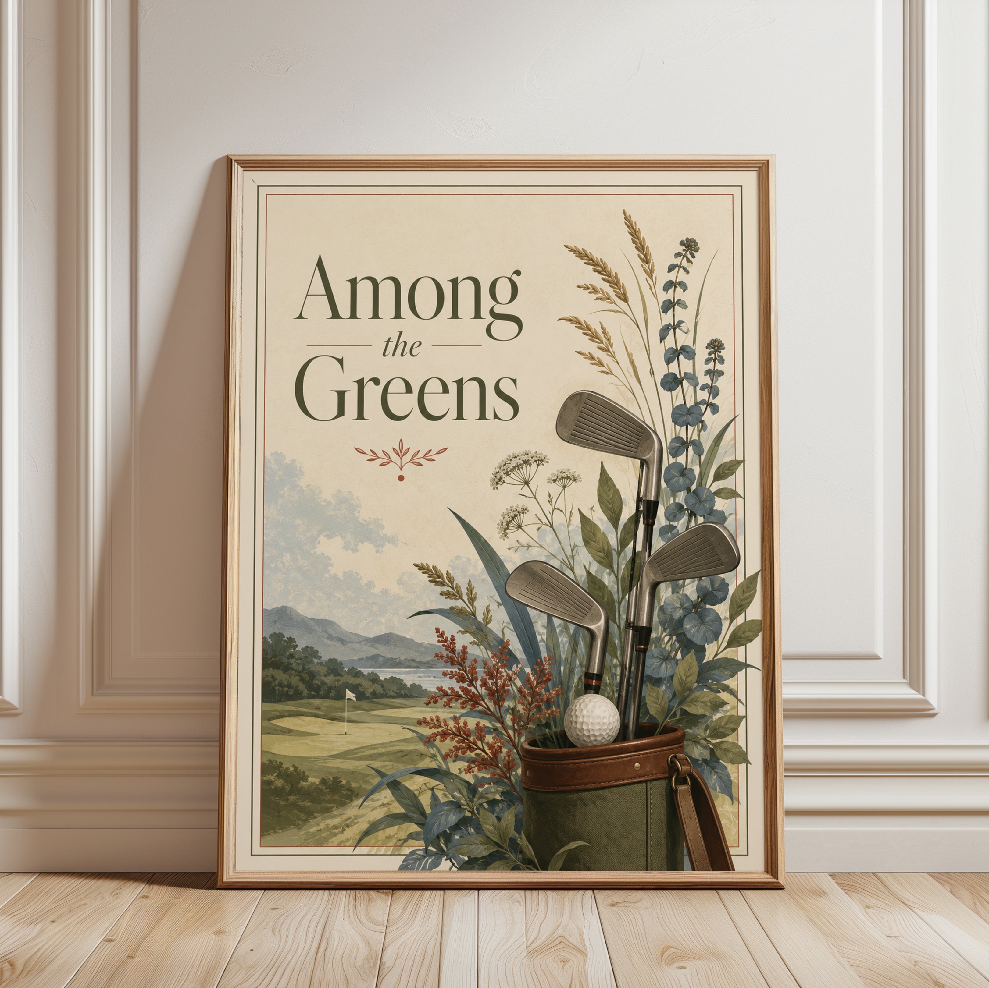 Among the Greens Golf Poster: Vintage Botanical Sports Art - framed detail