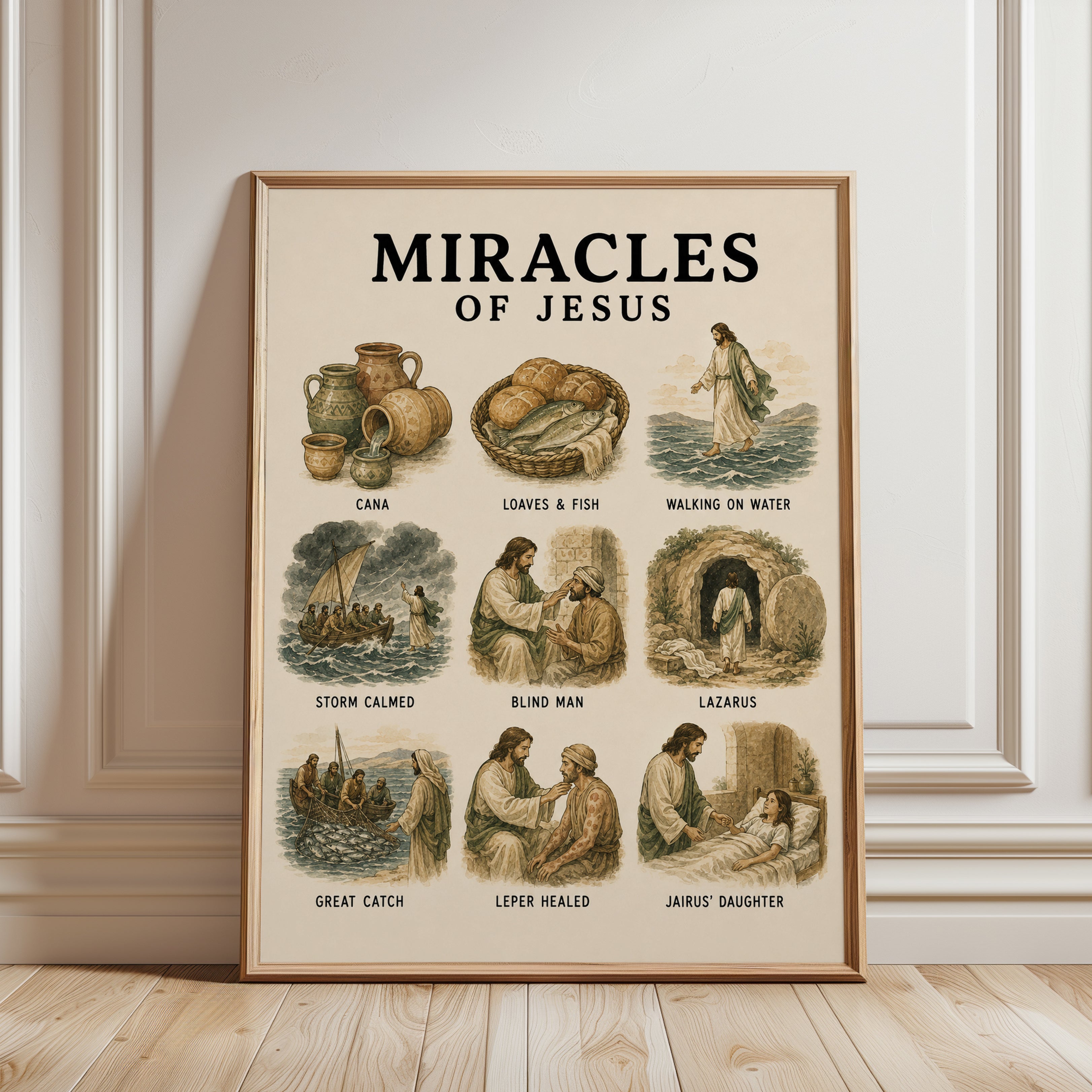 Miracles of Jesus Poster: Vintage Biblical Illustration Art - framed detail