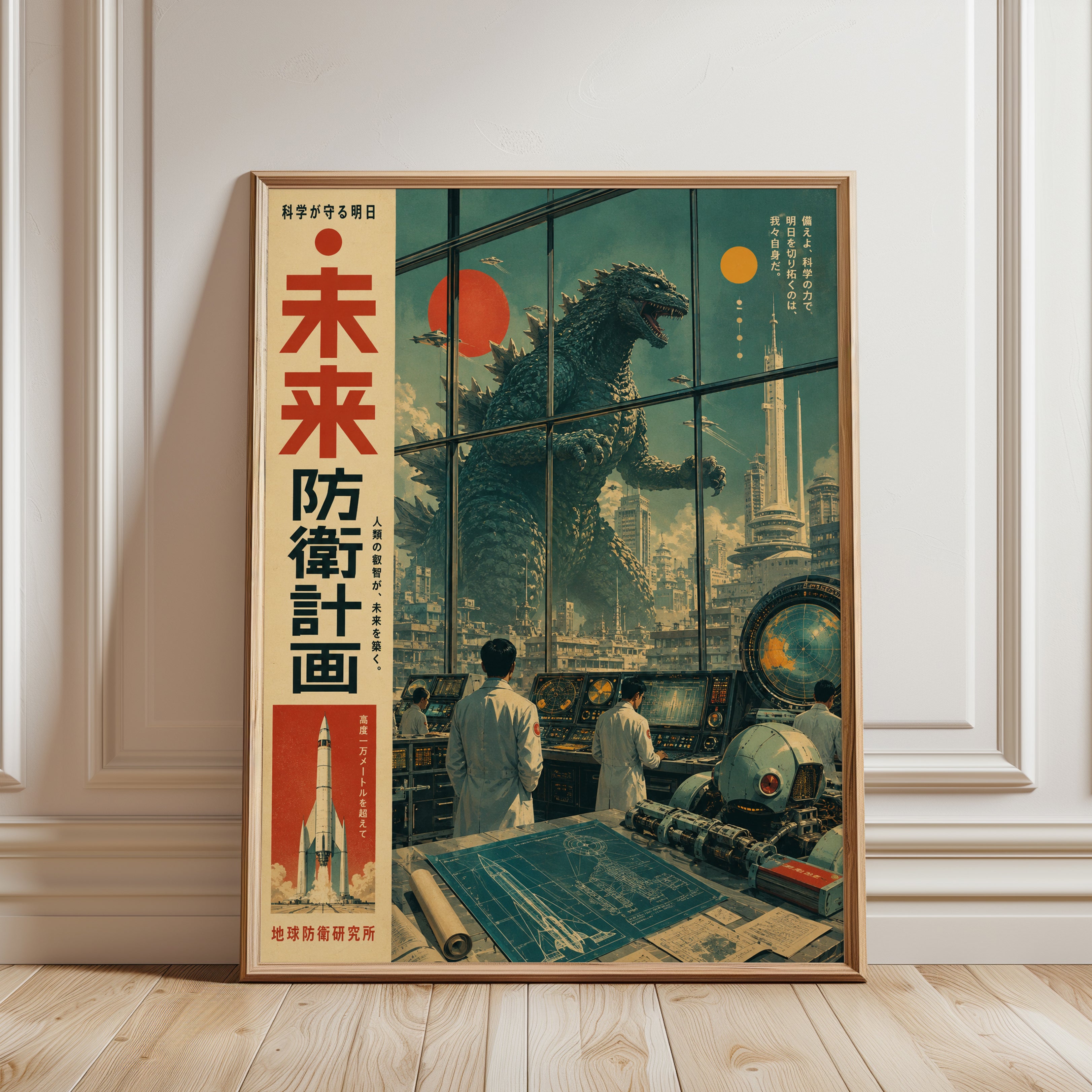 Japanese Monster Poster – Vintage Tokyo Cityscape - framed detail