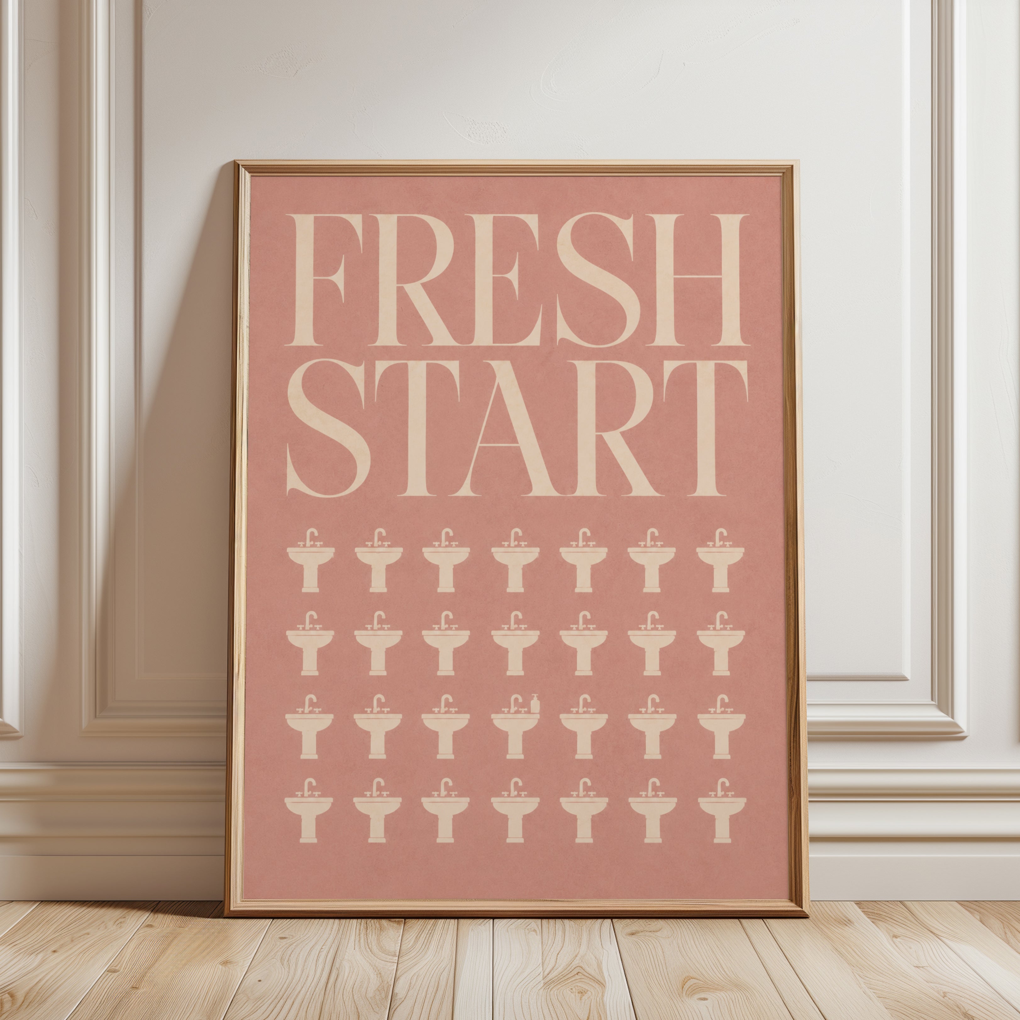 Fresh Start Bathroom Typography Print: Pink Minimalist Wall Art - framed detail