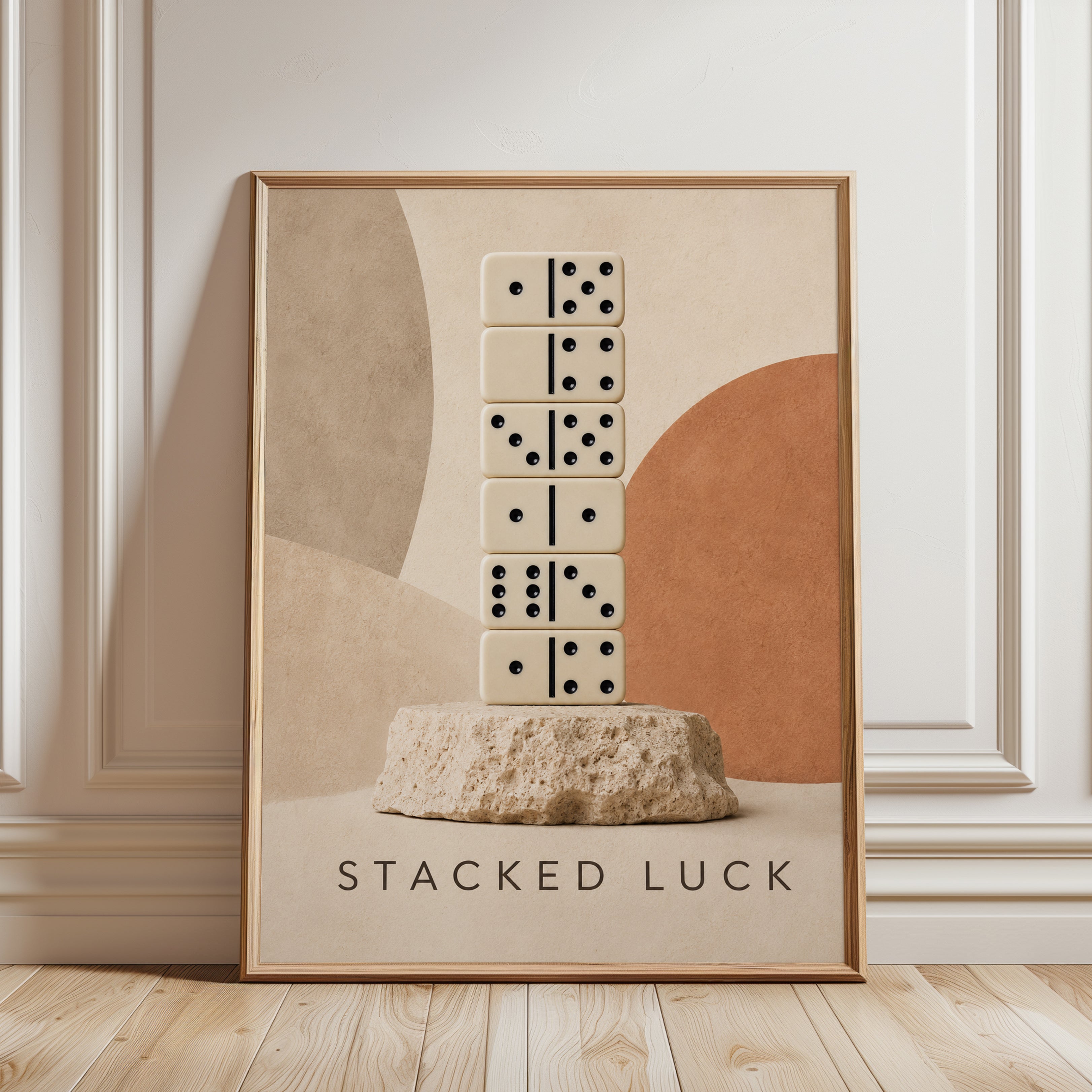 Stacked Luck Domino Tower Print: Minimalist Beige Still Life - framed detail