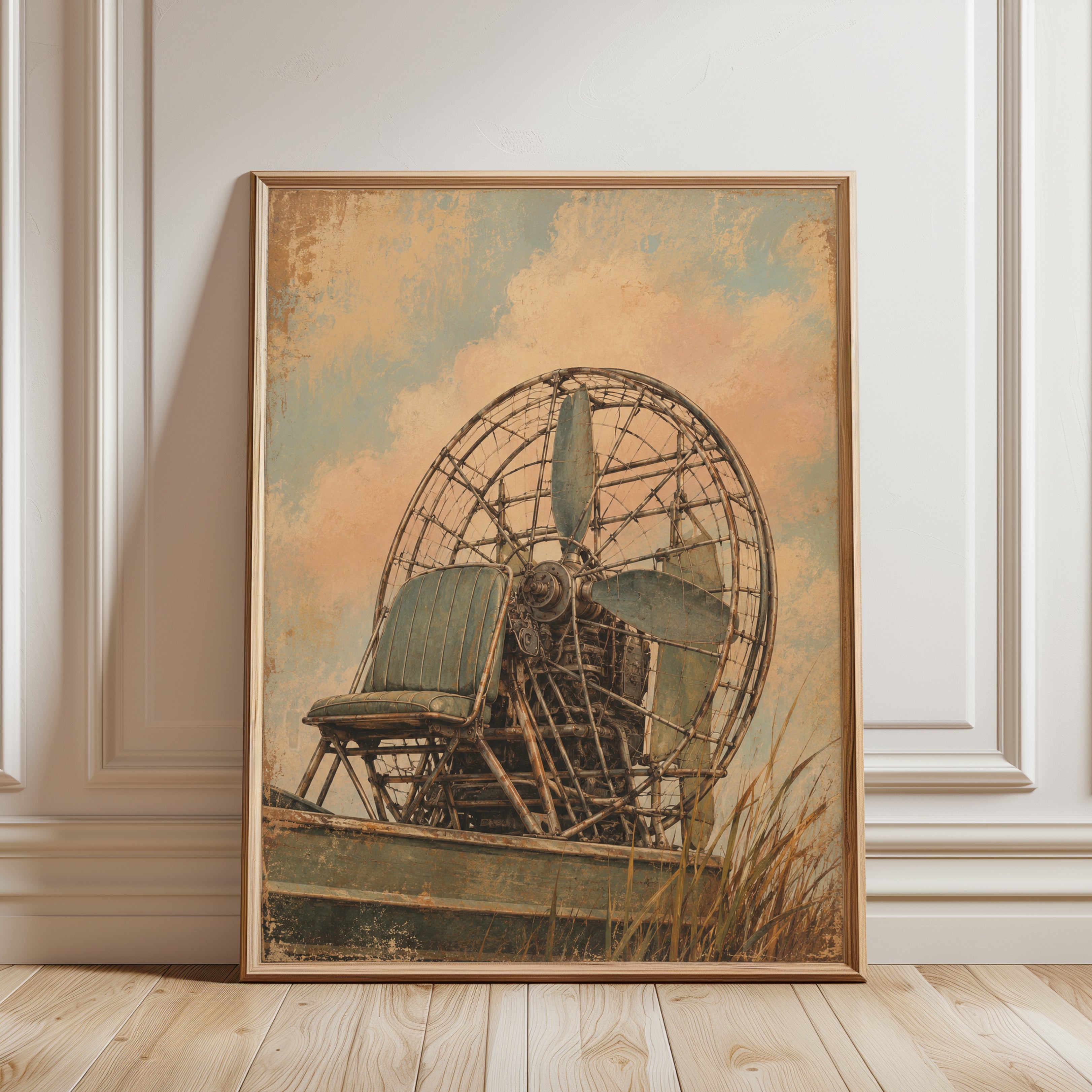Vintage Airboat Poster – Retro Swamp Boat Print - framed detail