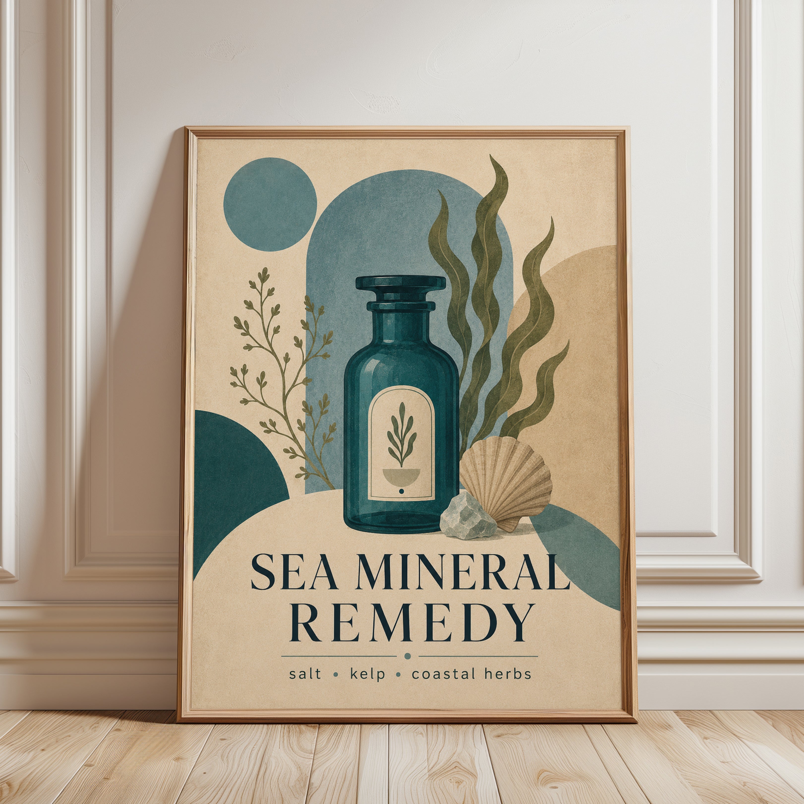 Sea Mineral Apothecary Print: Coastal Botanical Wall Art - framed detail