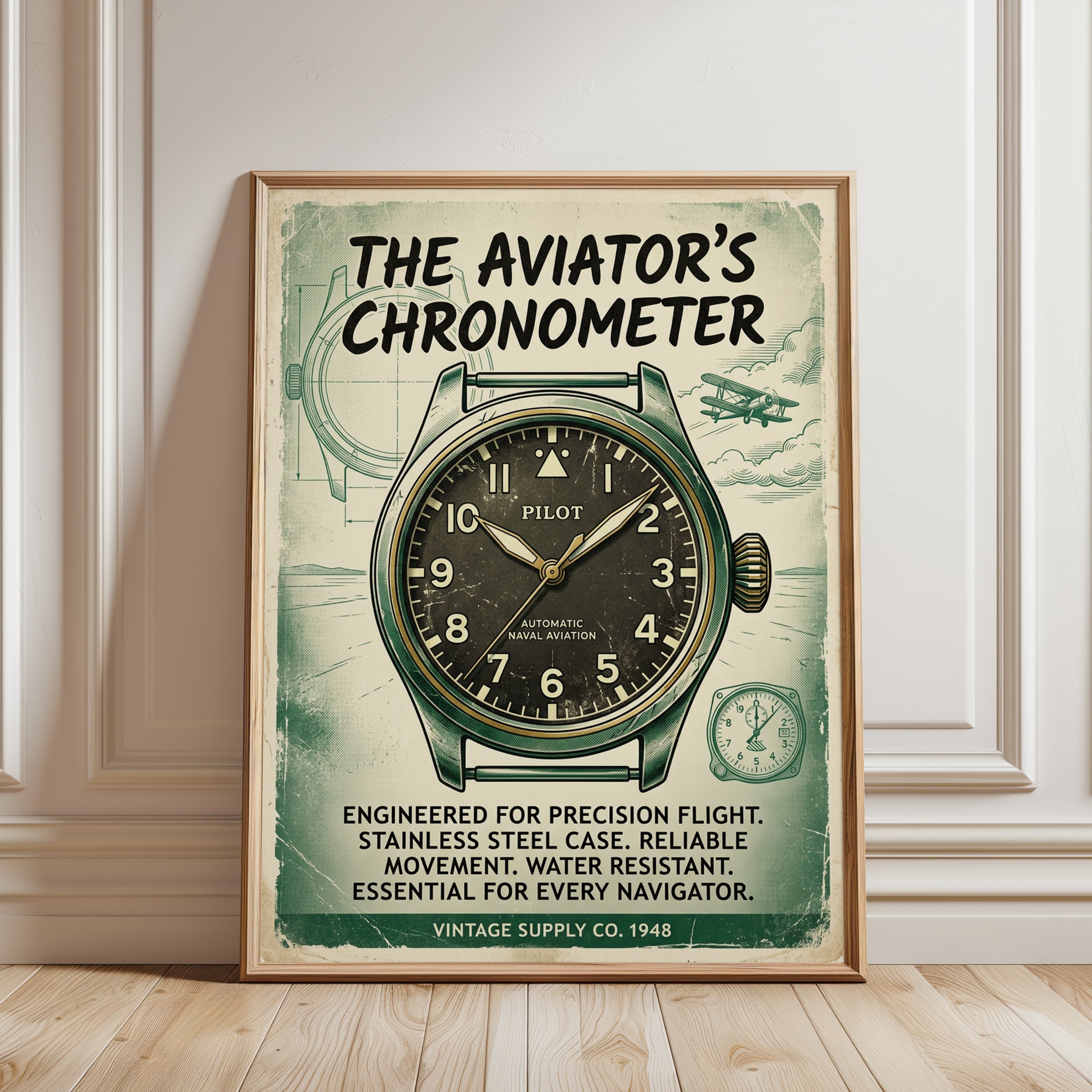 Vintage Aviator Chronometer Poster: Retro Aviation Watch Art Print - framed detail