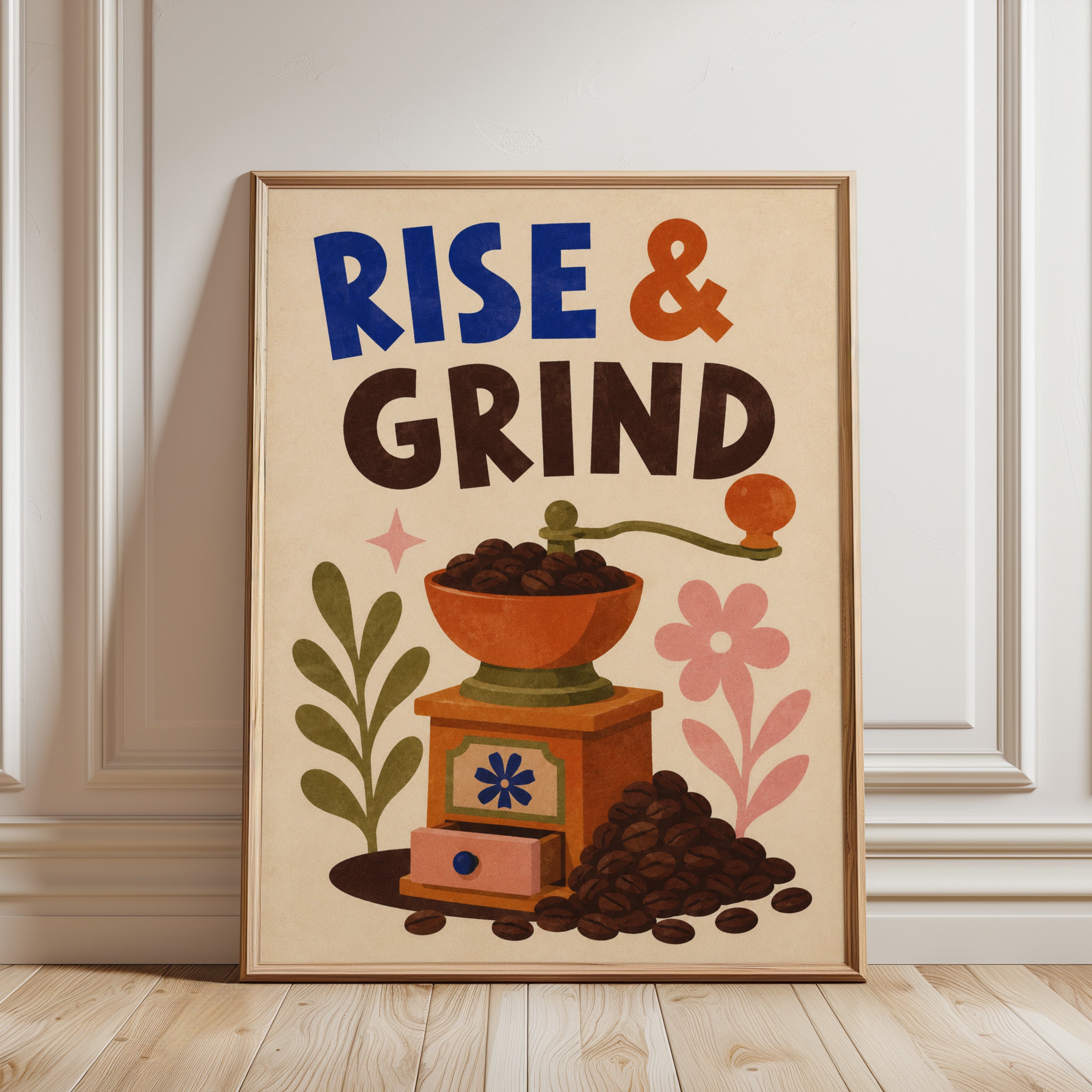 Rise and Grind Print – Coffee Lover Wall Art - framed detail