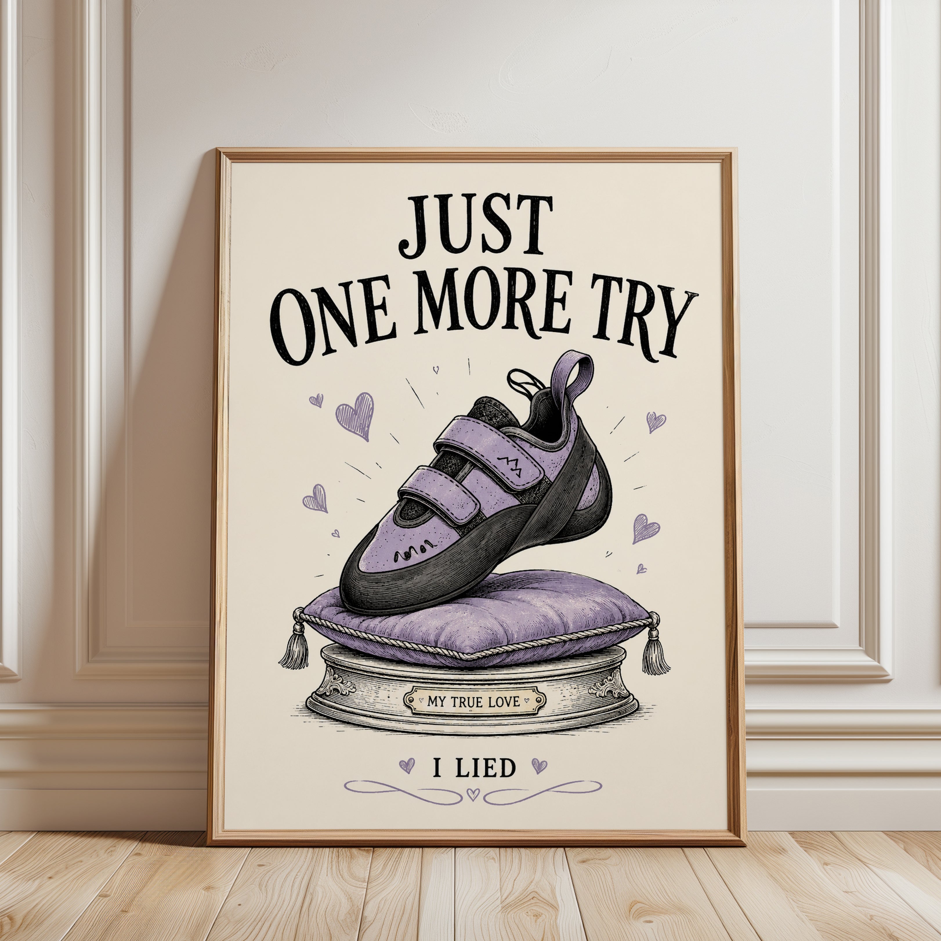 Just One More Try Climbing Shoe Print: Motivational Purple Art - framed detail