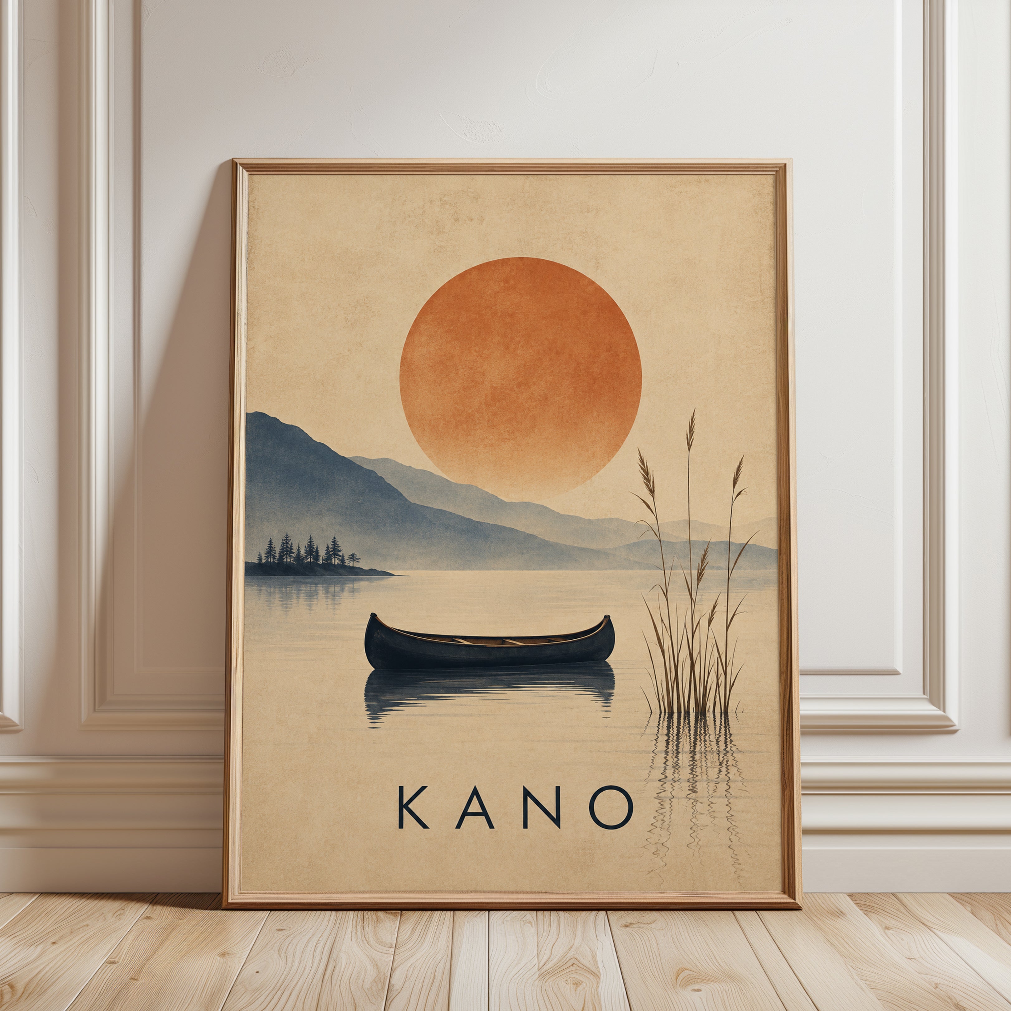 Kano Lake Canoe Poster: Minimalist Sunset Landscape Art - framed detail