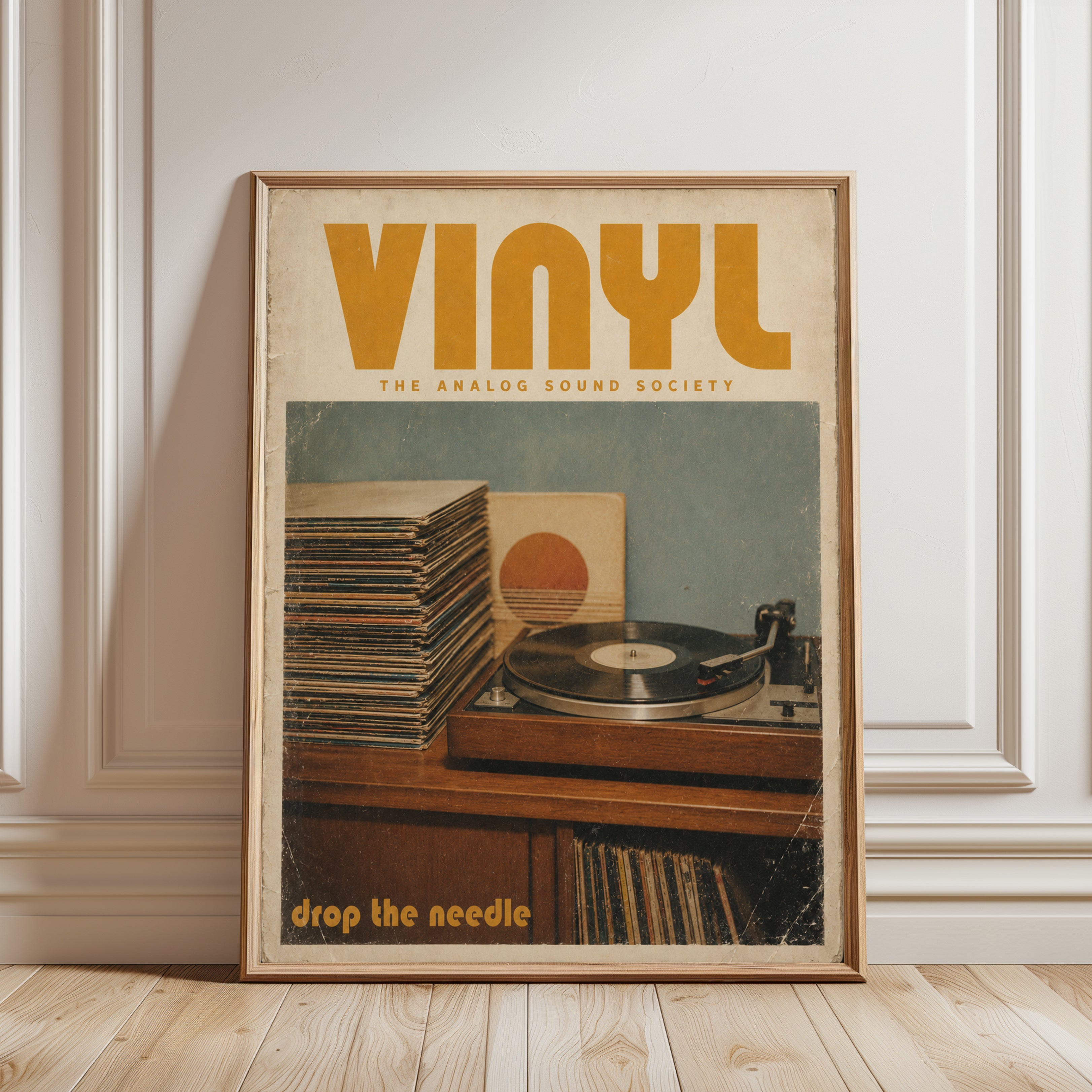Vintage Vinyl Record Poster — Retro Turntable & Albums - framed detail