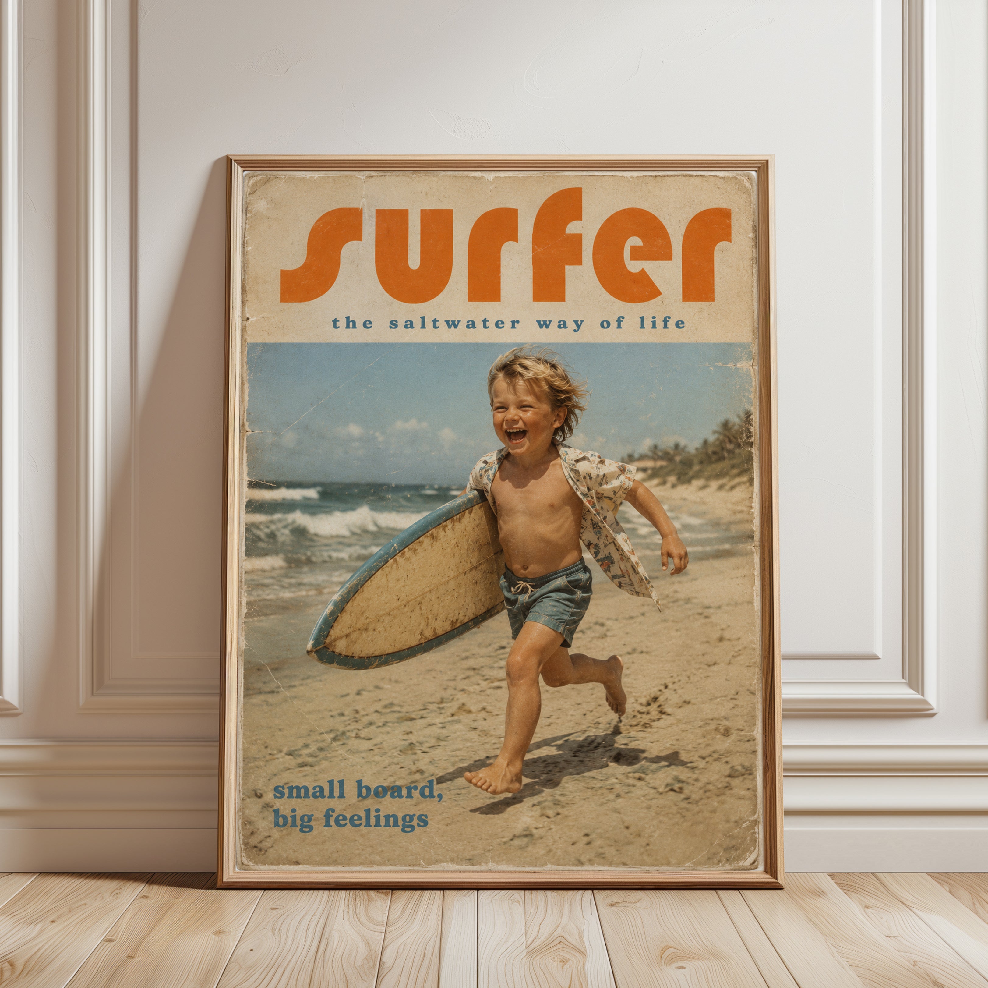 Vintage Surfer Magazine Print — Retro Beach Child with Surfboard - framed detail