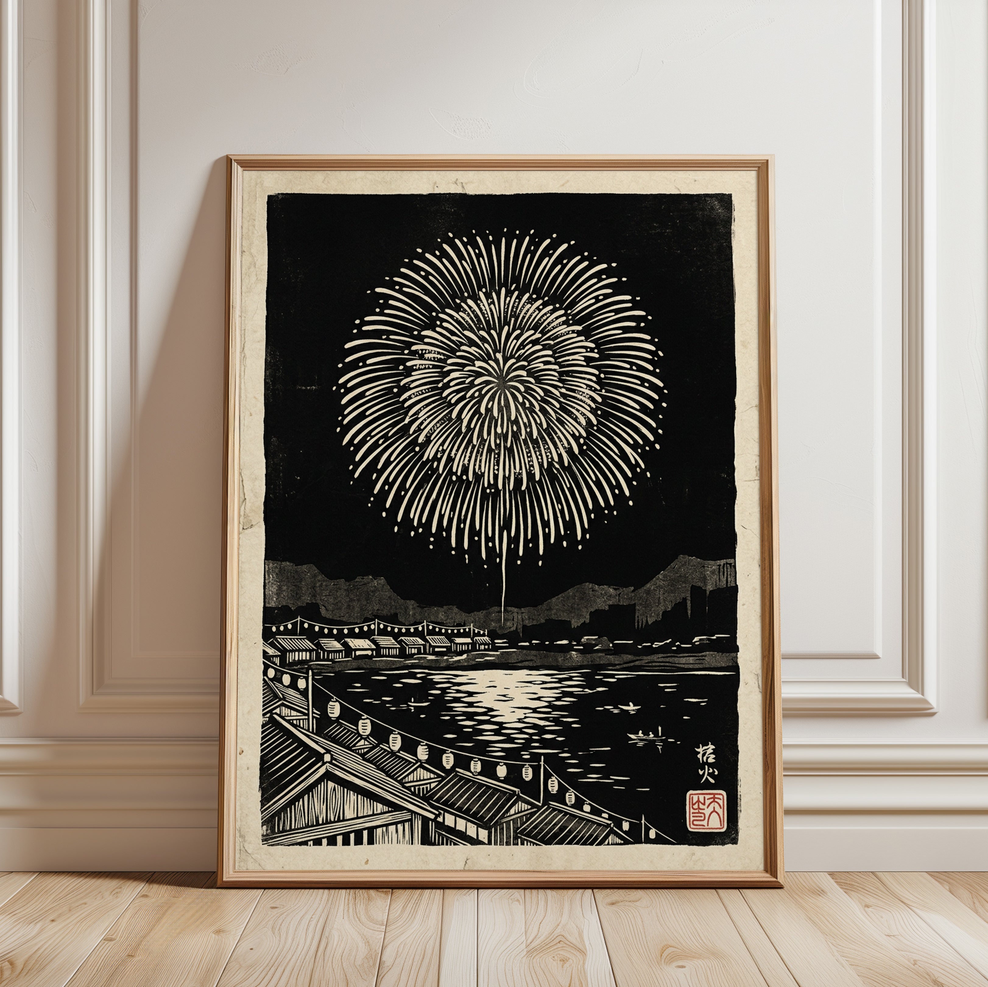 Japanese Fireworks Woodblock Print: Black and White Waterfront Art - framed detail