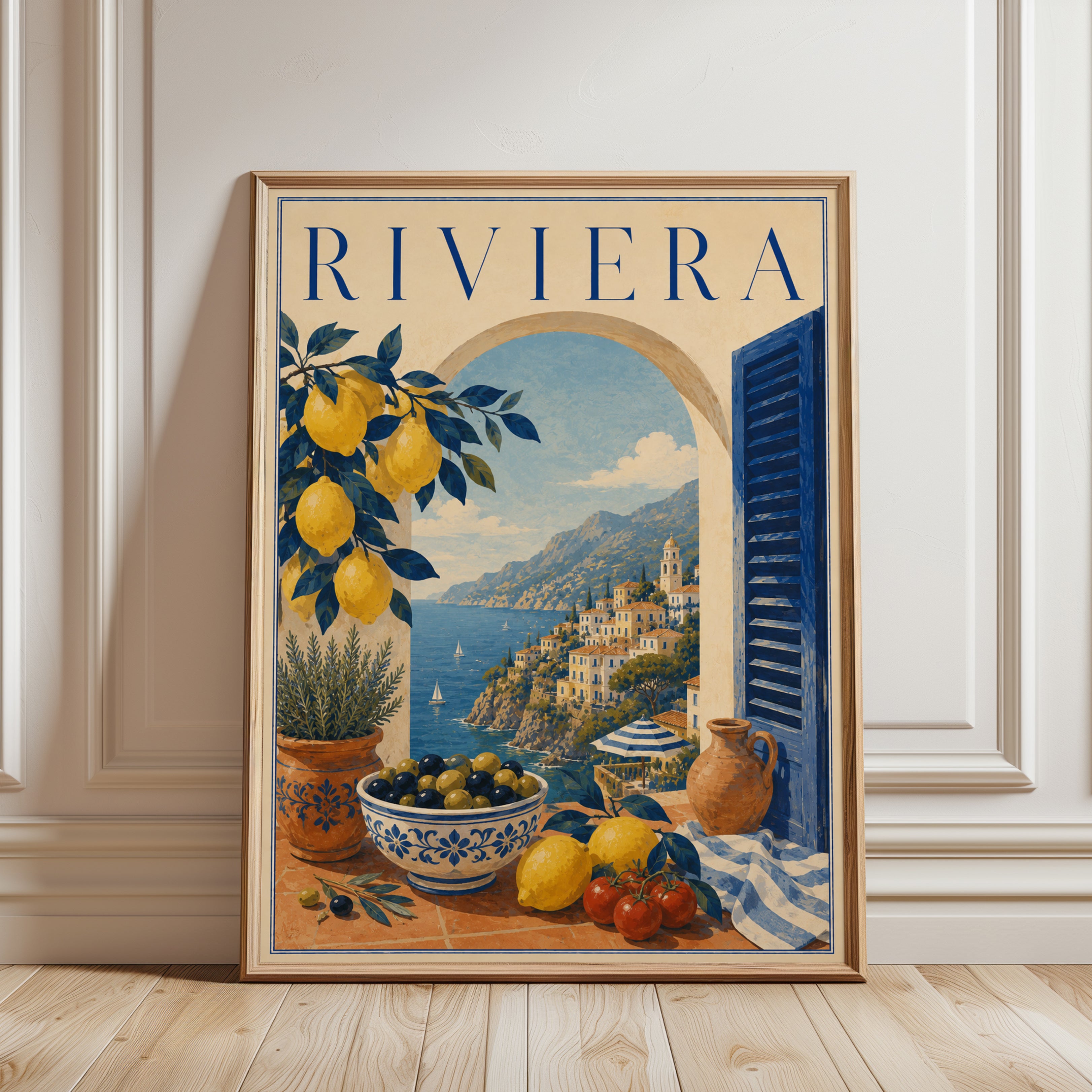 Riviera Wall Art Print: Vintage Italian Coastal View - framed detail
