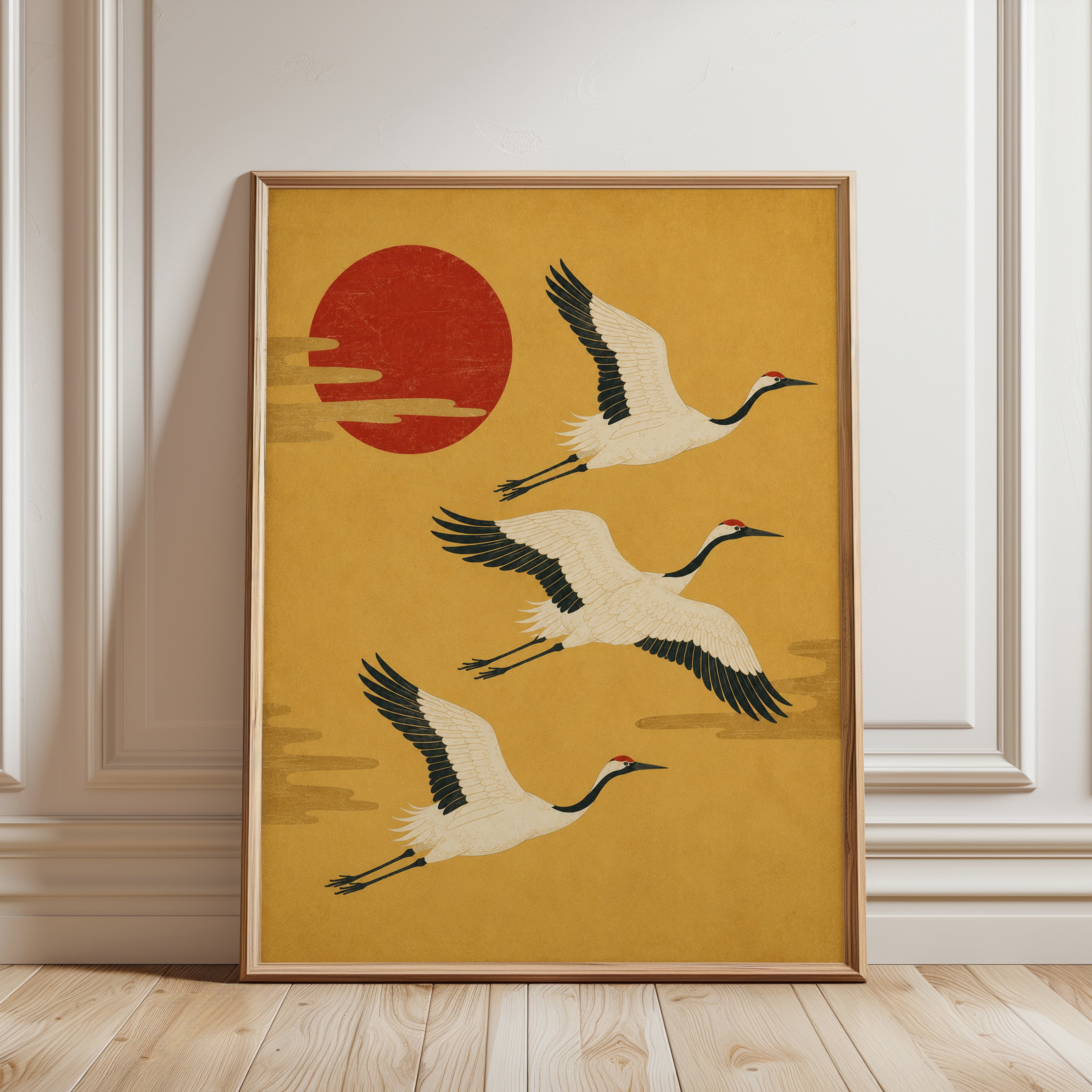 Japanese Crane Print – Vintage Red Sun - framed detail