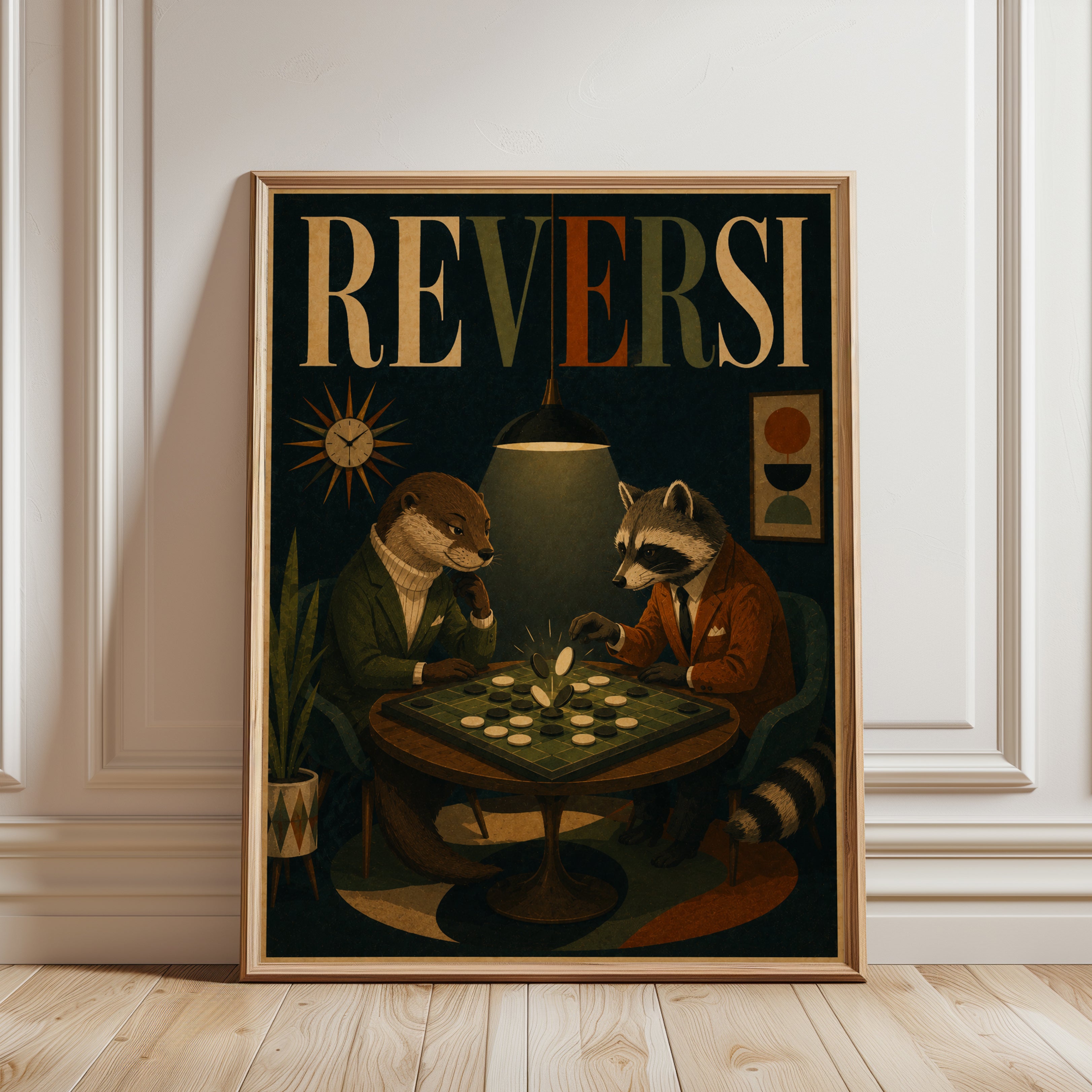 Board Game Art Print: Vintage Animals Playing Reversi - framed detail