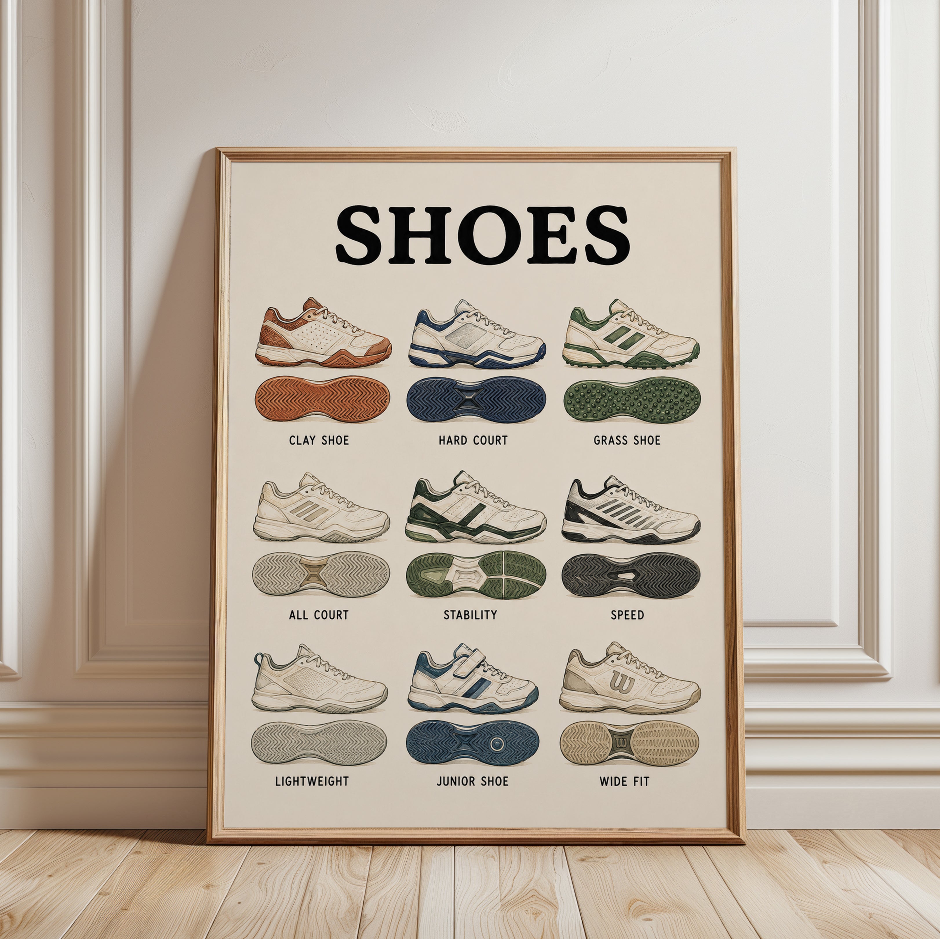 Tennis Shoe Types Poster: Vintage Educational Chart Art Print - framed detail